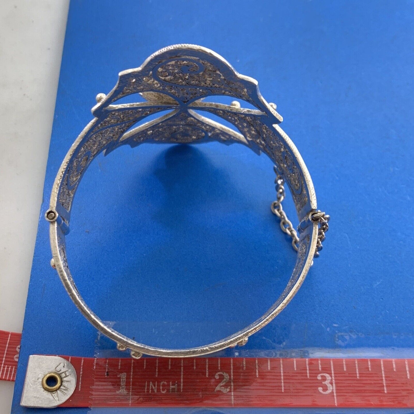 Vintage Artisan Sterling Silver Filigree Scroll Flower Statement Cuff Bracelet
