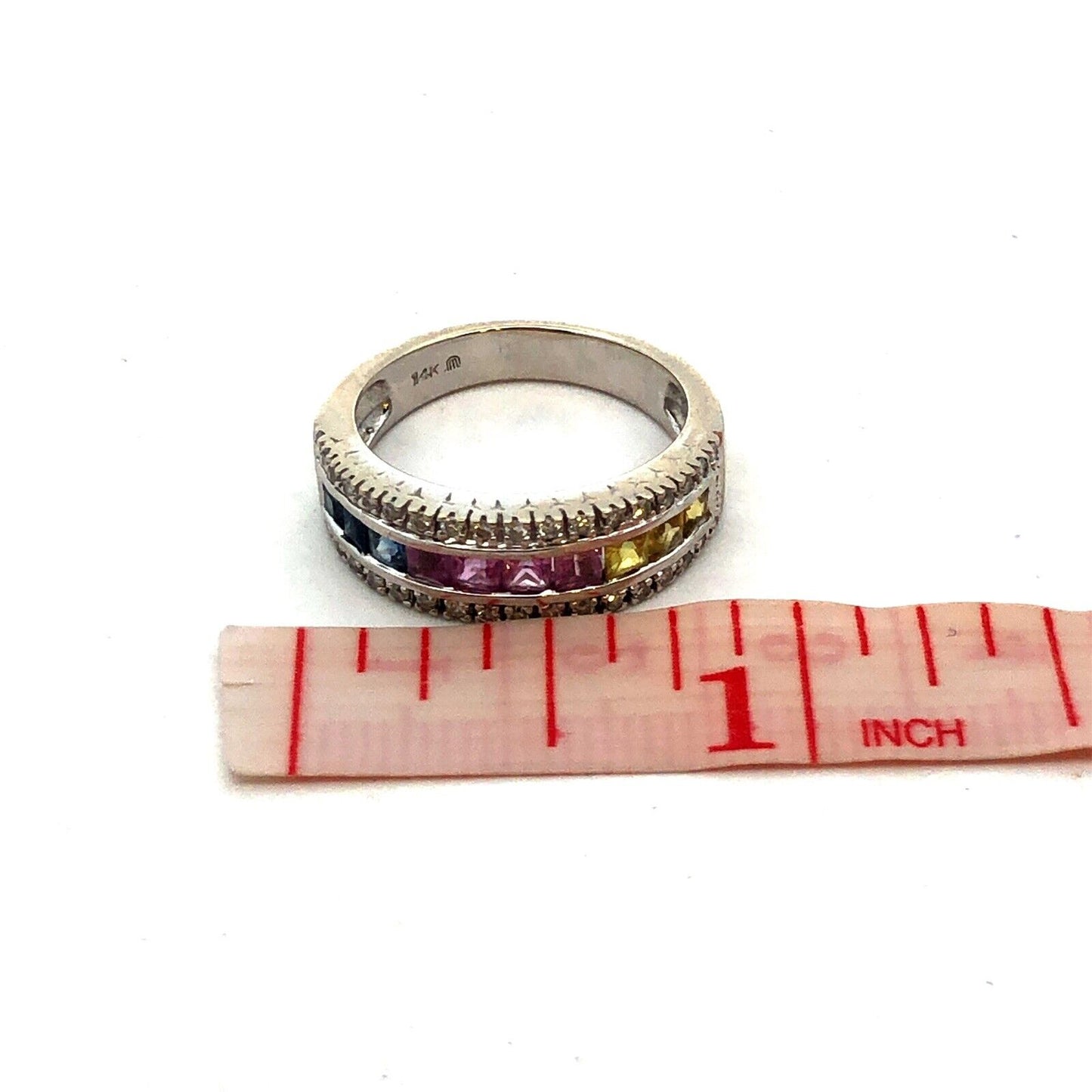 Designer 14K White Gold Multi Gemstone Diamond Mother's Anniversary Band Ring