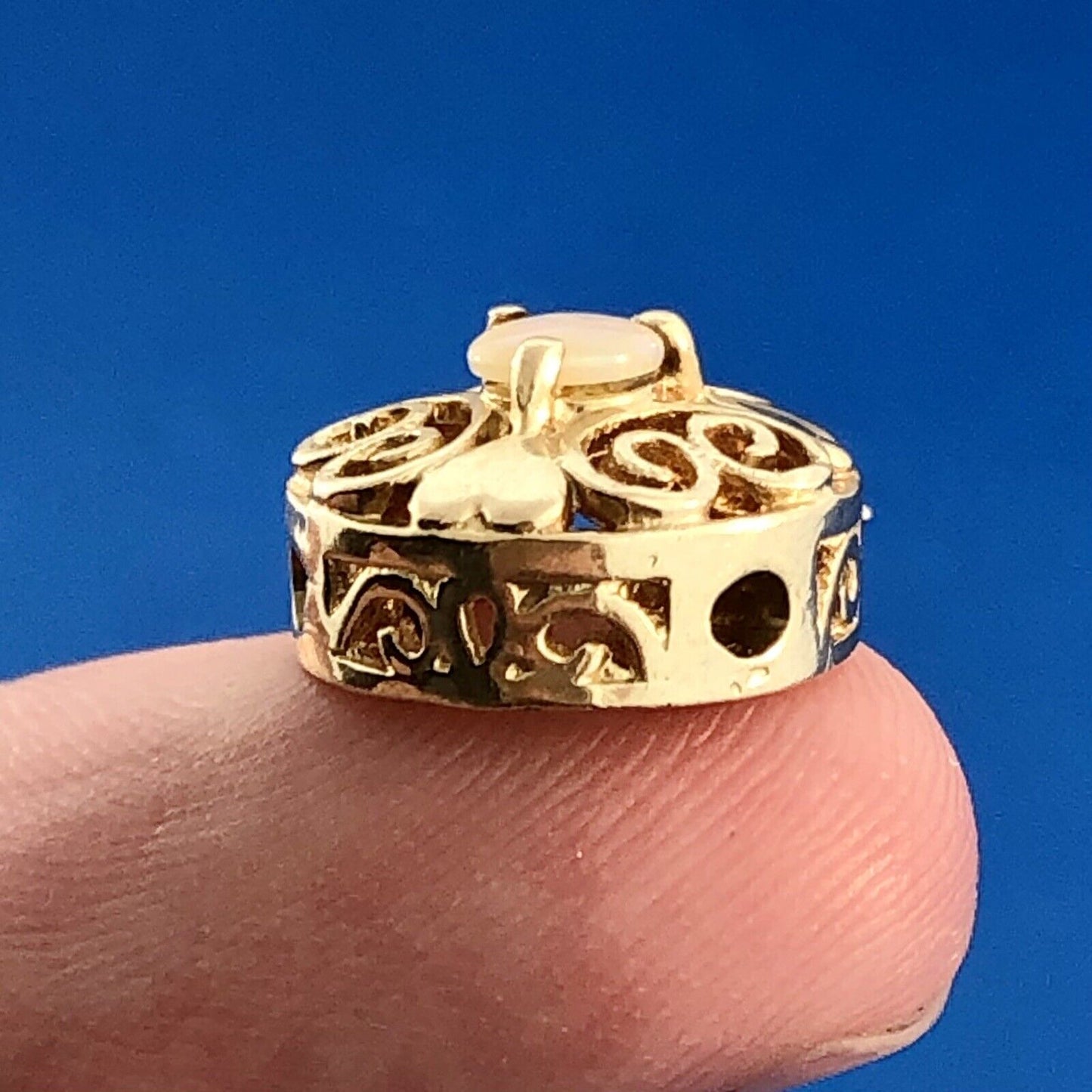 Vintage 10K Yellow Gold Opal Cabochon Heart Scroll OpenWork Slide Bracelet Charm