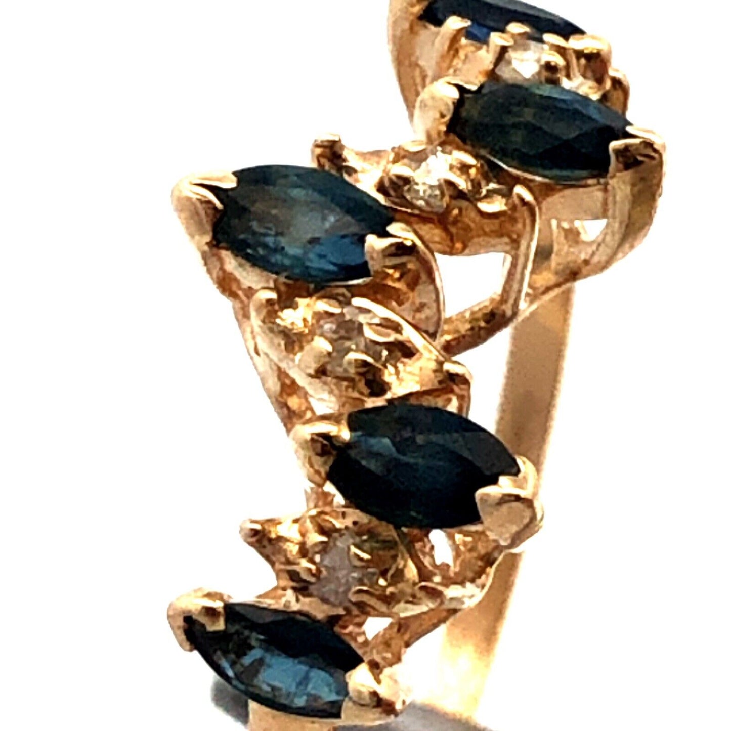 Estate 14K Yellow Gold Marquise London Blue Topaz Diamond Stacking Band Ring