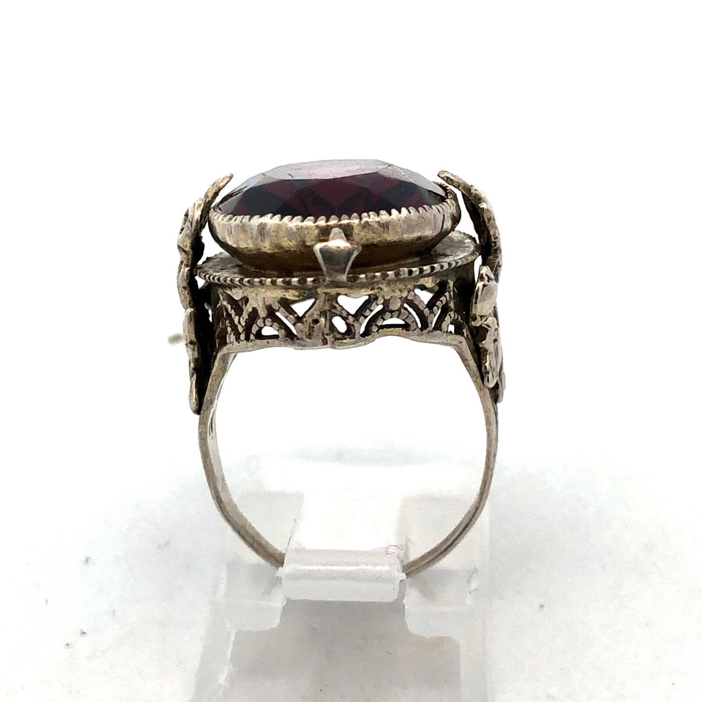 Vintage 925 Sterling Silver Faceted Purple Glass Floral Filigree Scroll Ring