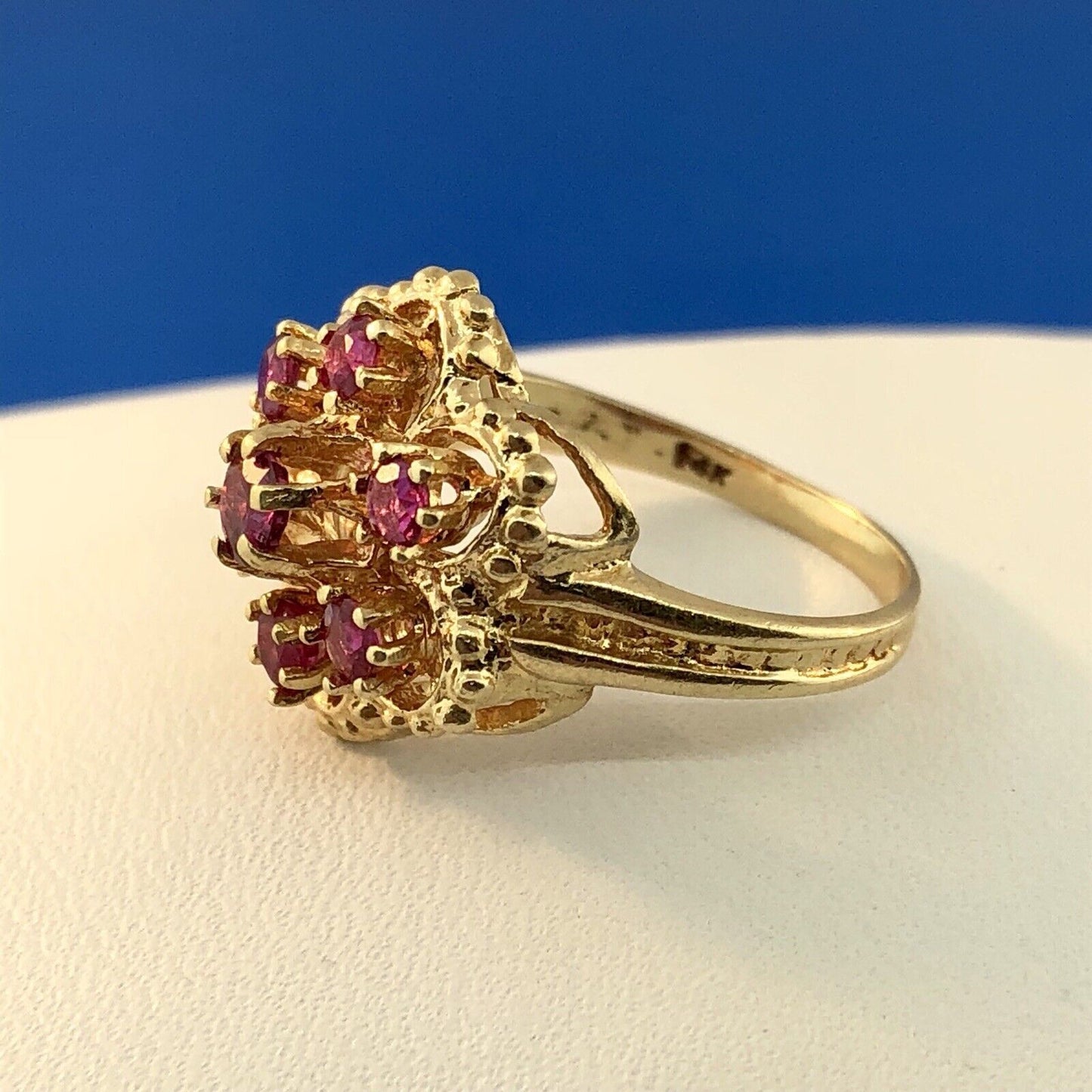 Perfect 14K Yellow Gold Ruby Flower Cluster July Anniversary Sweetheart Ring