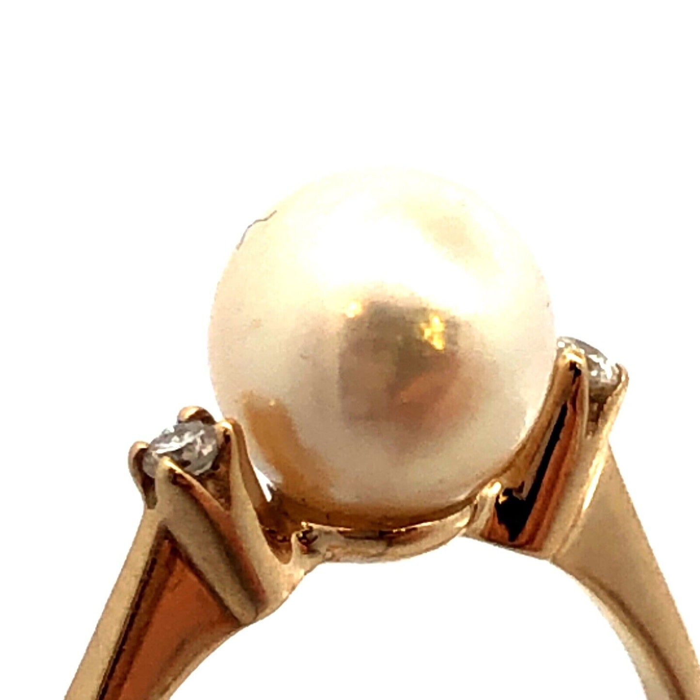 Estate 14K Yellow Gold Round White Pearl Solitaire Diamond Anniversary Ring