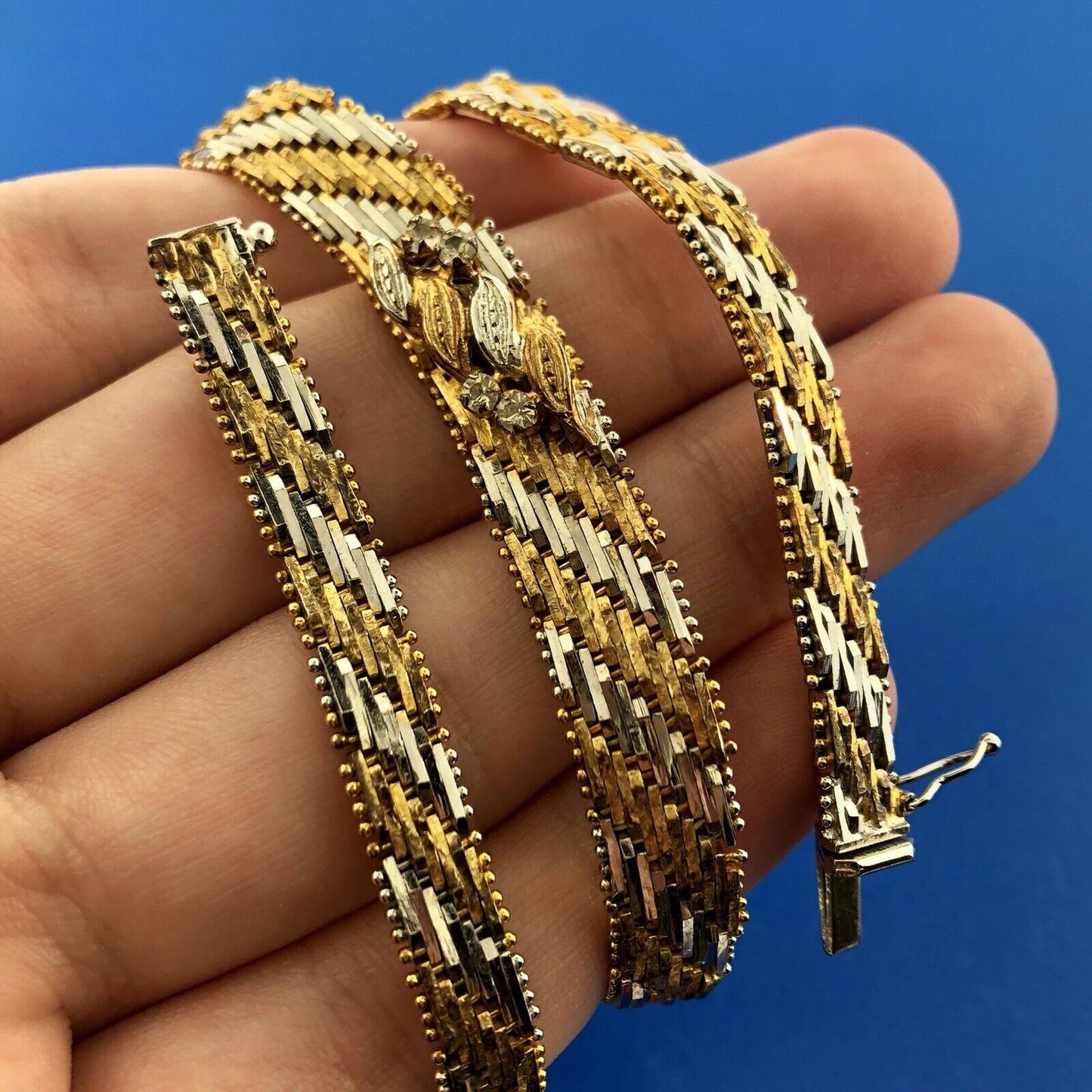 Sterling Silver 925 Diamond Two Tone Textured Weave Link V Necklace