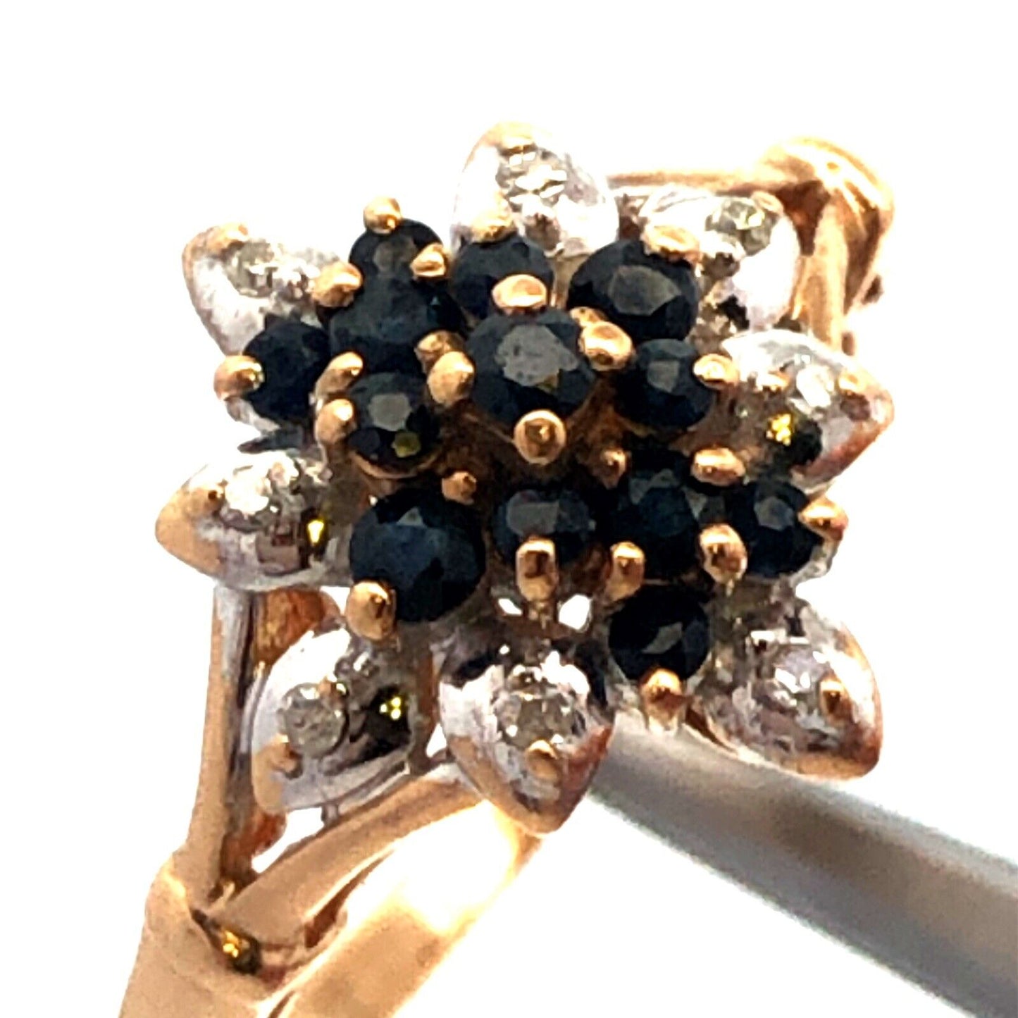 Vintage 10K Yellow Gold Sapphire Diamond Flower Waterfall Cluster Cocktail Ring