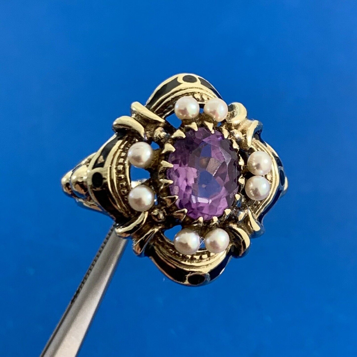 Art Nouveau 14K Yellow Gold Oval Amethyst Pearl Black Enamel Cocktail Ring
