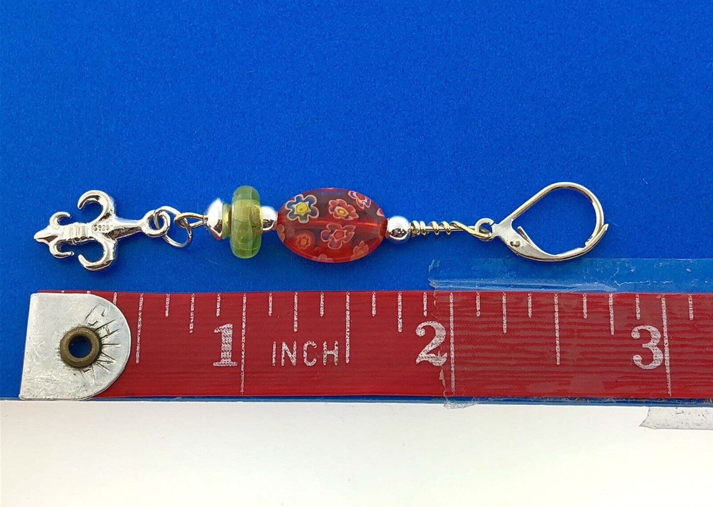 Sterling Silver 925 Millefiore Glass Bead Fleur De Lis Drop Dangle Earrings