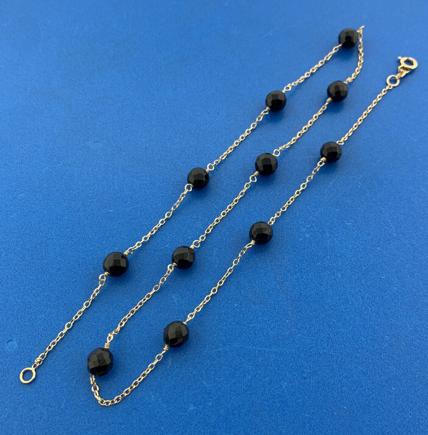 Designer 14K Yellow Gold Faceted Black Onyx Bead Station Chain Necklace