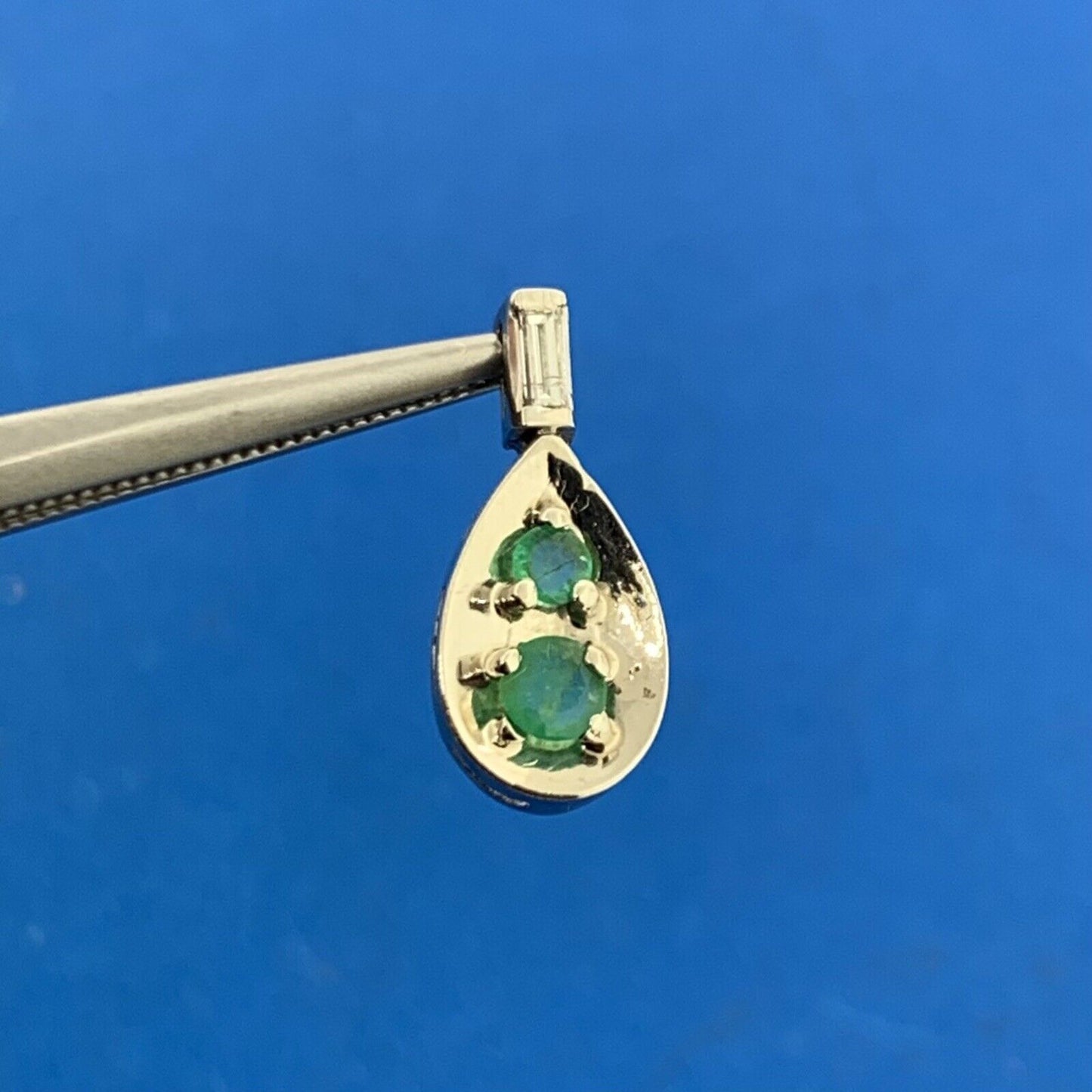 14K White Gold Emerald Diamond Baguette Accented Pear Shaped Pendant