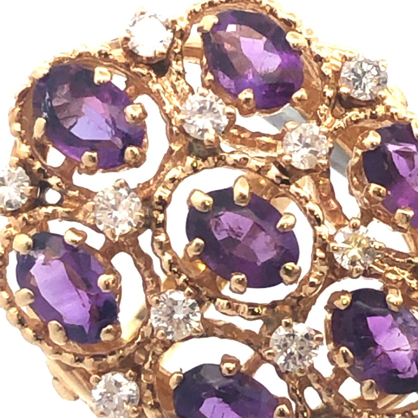 Vintage 14K Yellow Gold Amethyst Diamond Statement Anniversary Cocktail Ring