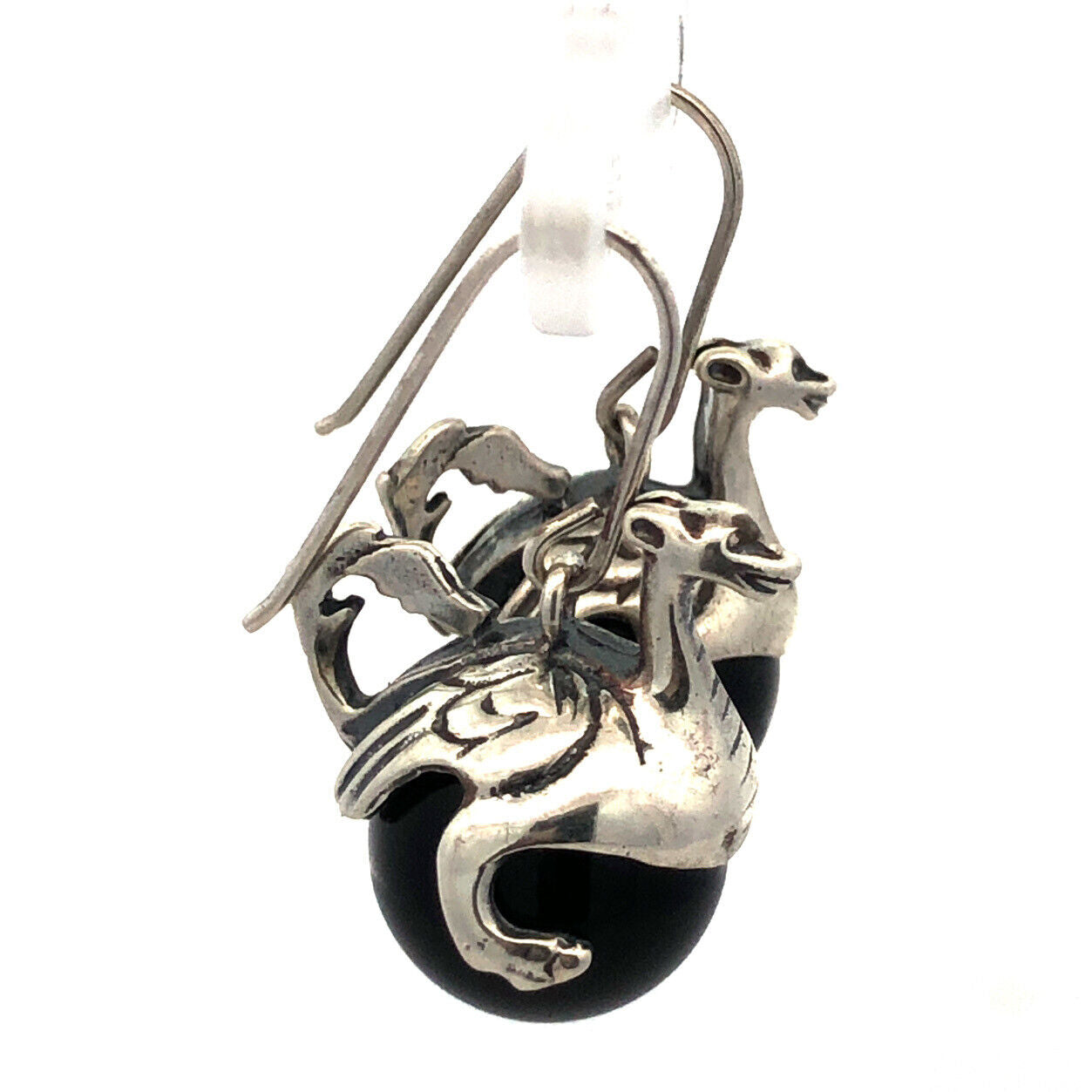 Museum Fine Arts MFA 925 Sterling Silver Round Black Onyx Dragon Globe Earrings