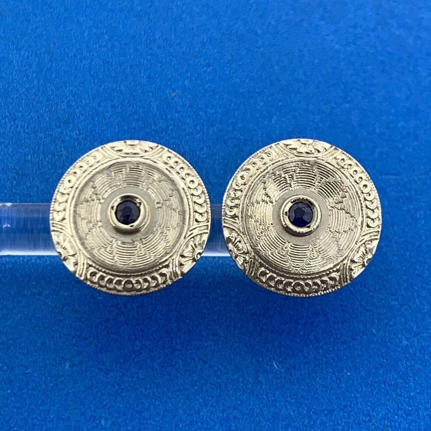 Art Deco 14K White Yellow Gold Blue Sapphire Patterned Circle Stud Earrings