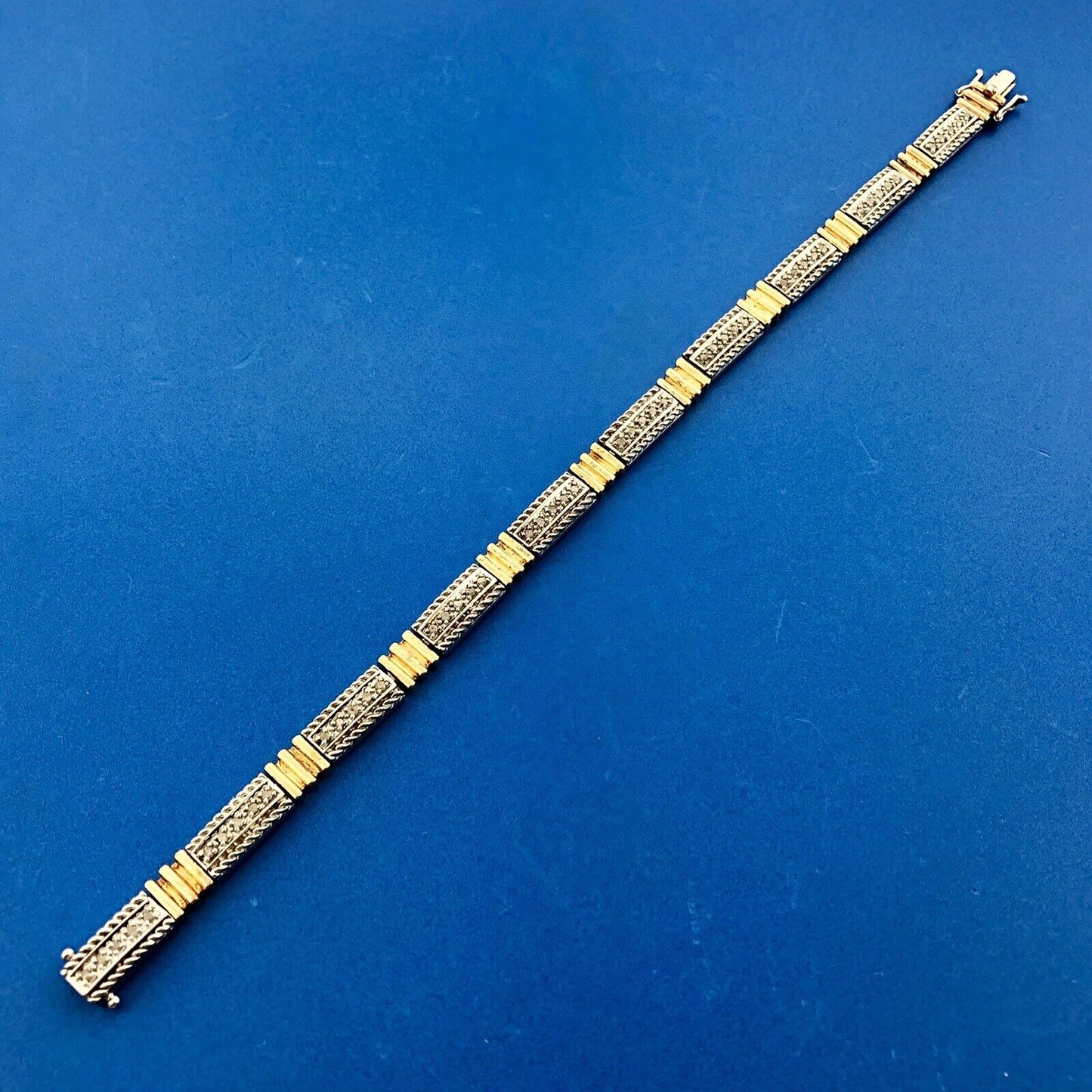 Estate CI 925 Sterling Silver Vermeil Two Tone Diamond Bar Panel Tennis Bracelet