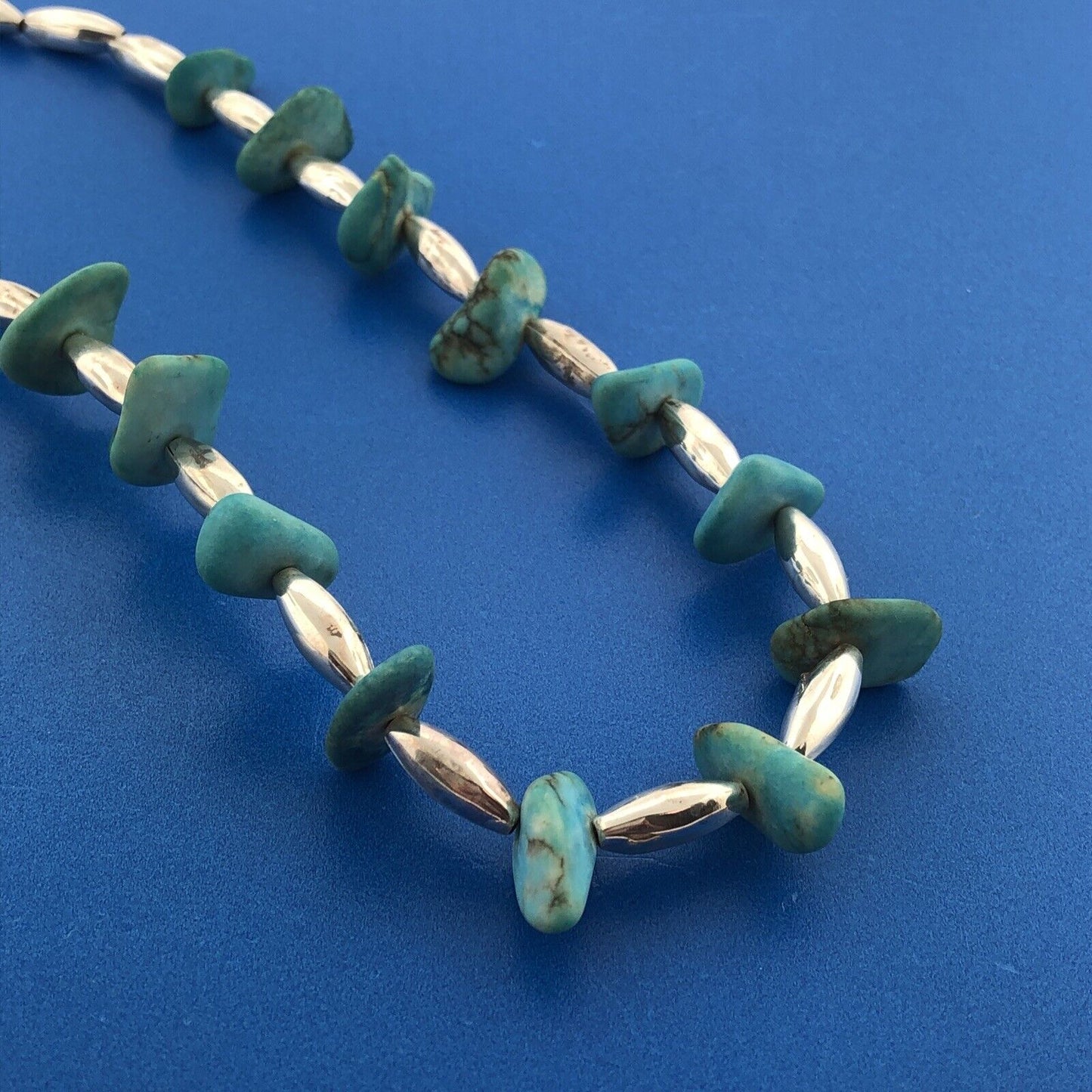 Vintage 925 Sterling Silver Beaded Chunky Turquoise Native American Necklace