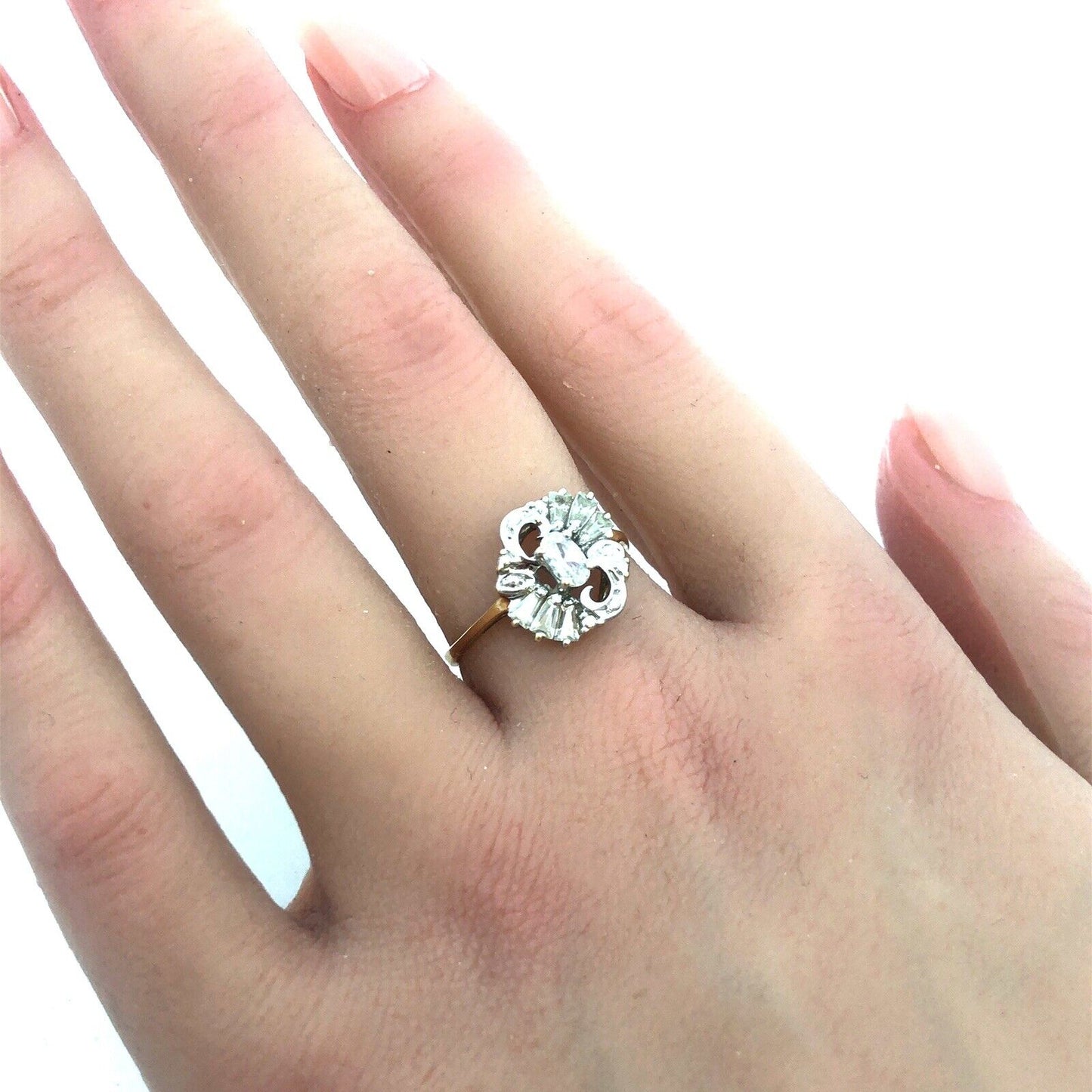 Estate 10K Yellow White Gold Oval CZ Baguette Accented Anniversary Ring
