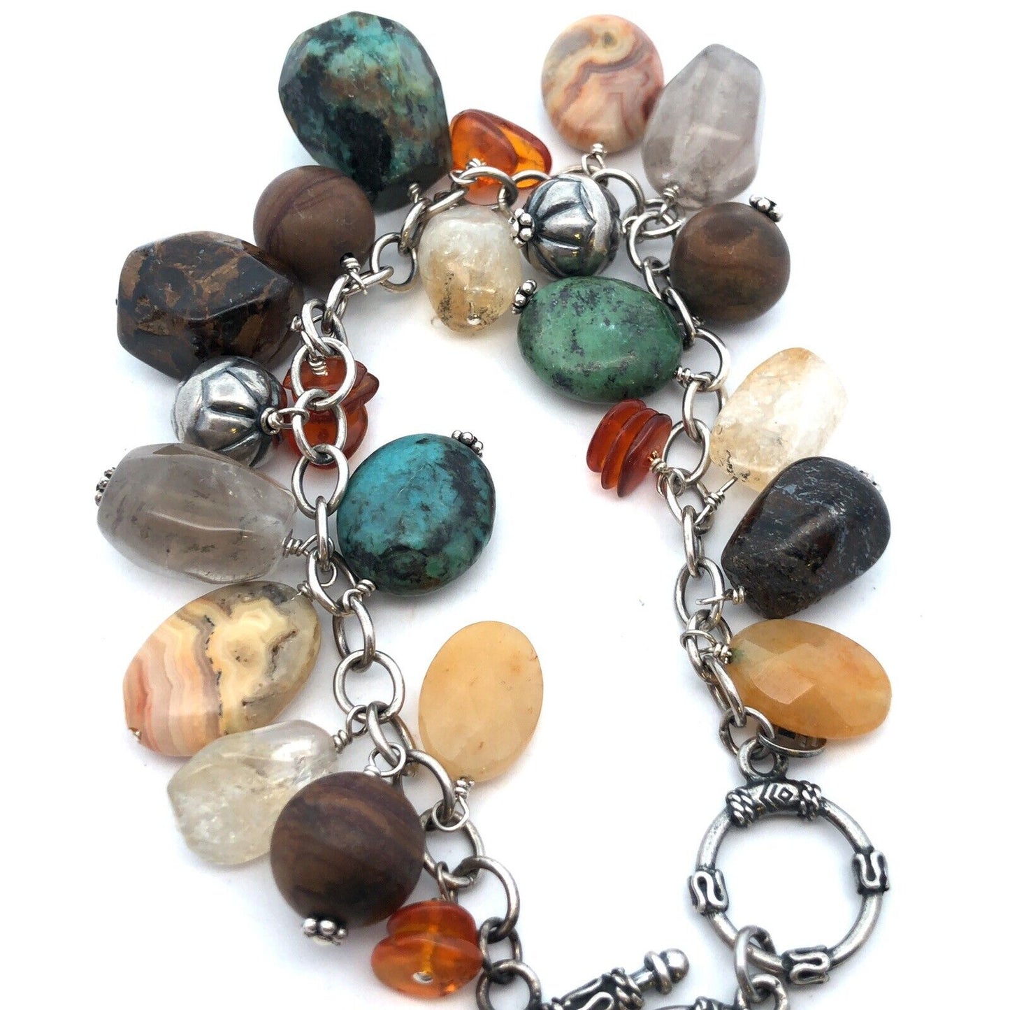 Silpada 925 Sterling Silver Multi-Gemstone Turquoise Agate Charm Chain Bracelet