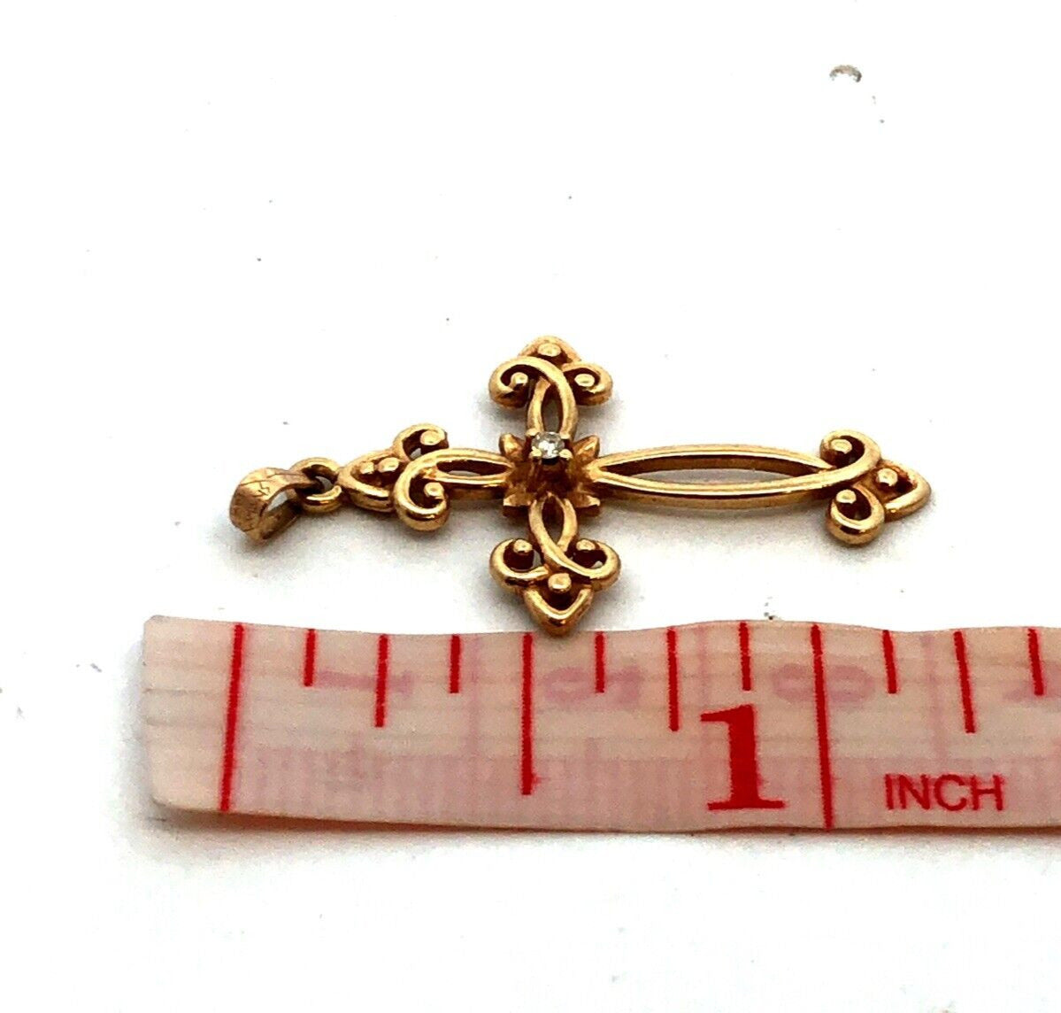 Designer 14K Yellow Gold Round Diamond Solitaire Scroll Detail Cross Pendant