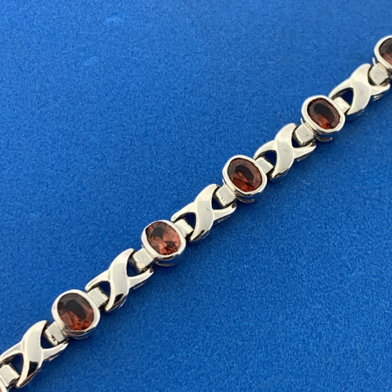 Vintage 925 Sterling Silver Oval Garnet X O January Anniversary Tennis Bracelet