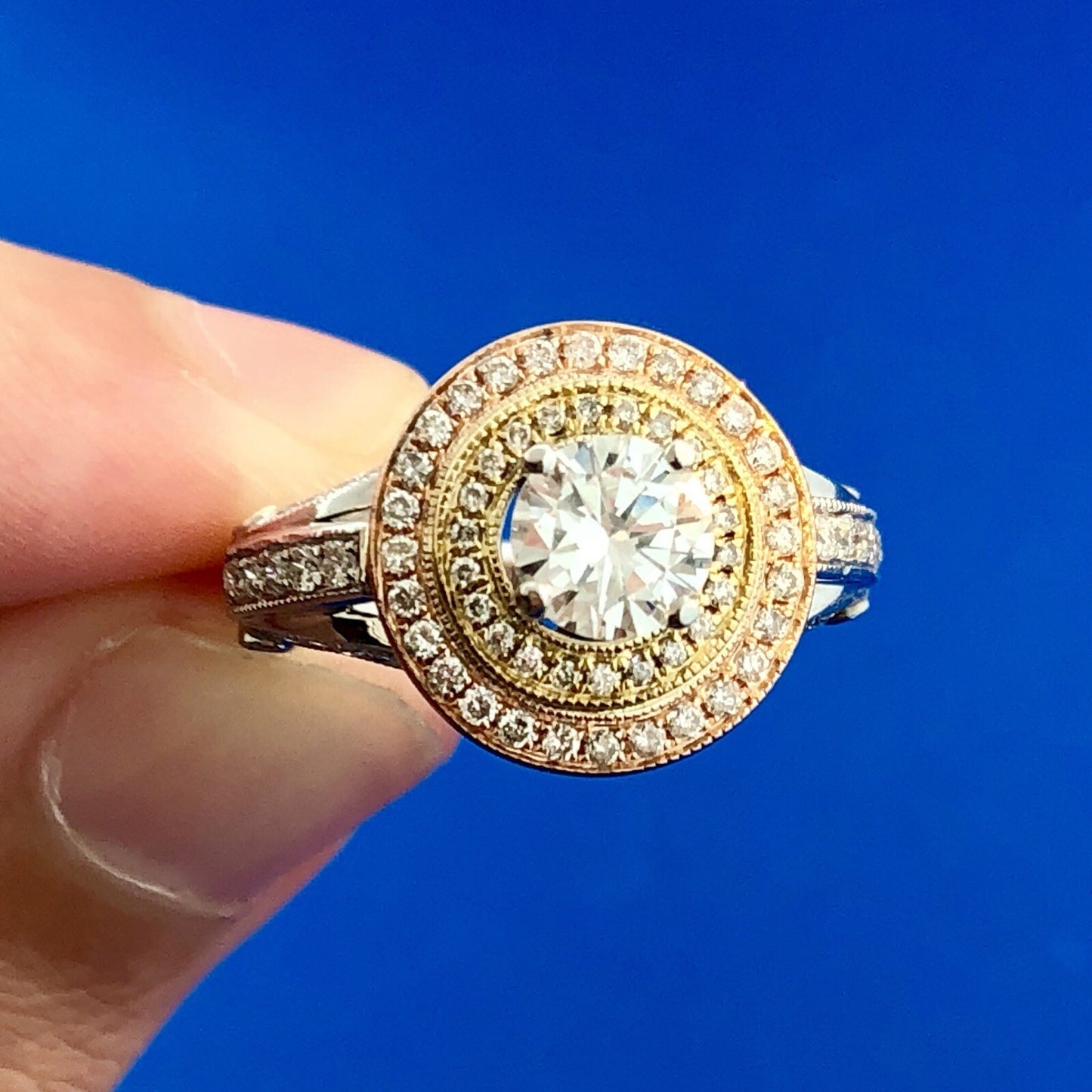 Designer 14K White Yellow Rose Gold Diamond Solitaire Halo Engagement Ring