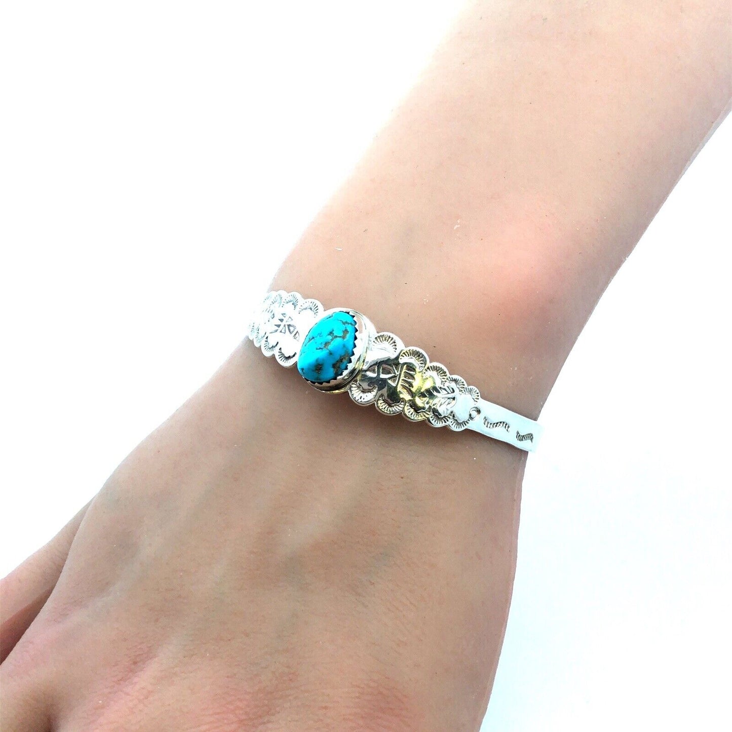 Navajo Jim Yazzie 925 Sterling Silver Turquoise Storyteller Open Cuff Bracelet