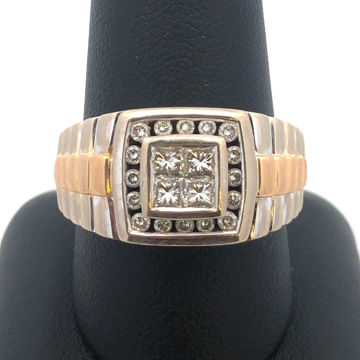14K White Yellow Gold Princess Diamond Quad Men's Two Toned Ribbed Dome Ring
