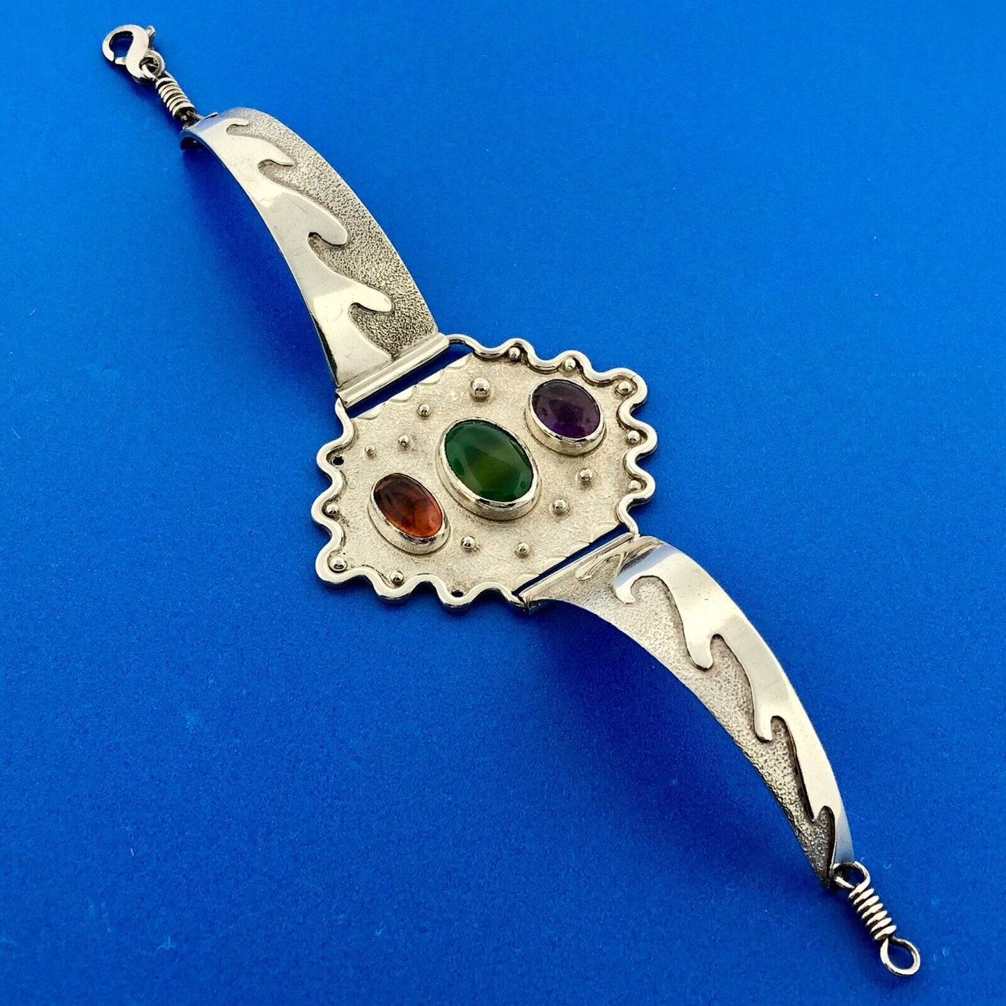 Native American Sterling Silver Amber Amethyst Green Tourmaline Cuff Bracelet