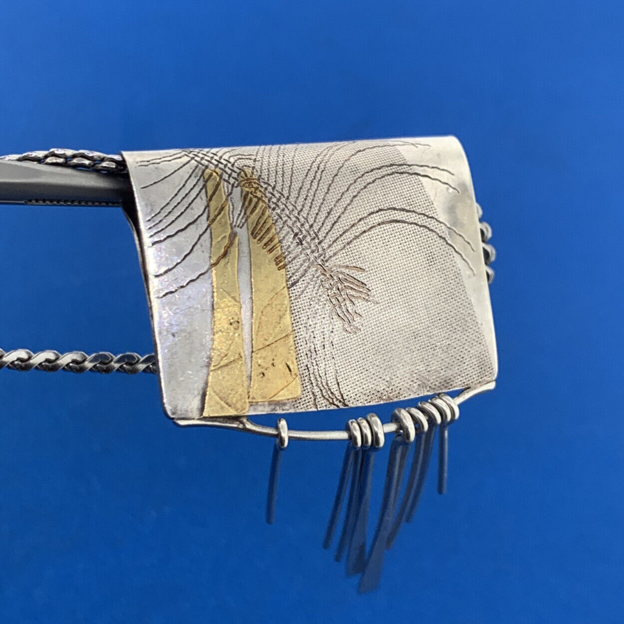 Vintage Signed Artisan 925 Sterling Silver Modernist Abstract Two Tone Necklace