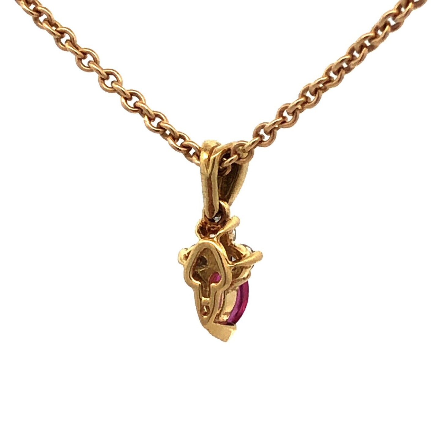 Estate 14K Yellow Gold Marquise Ruby Diamond Accented Pendant Chain Necklace