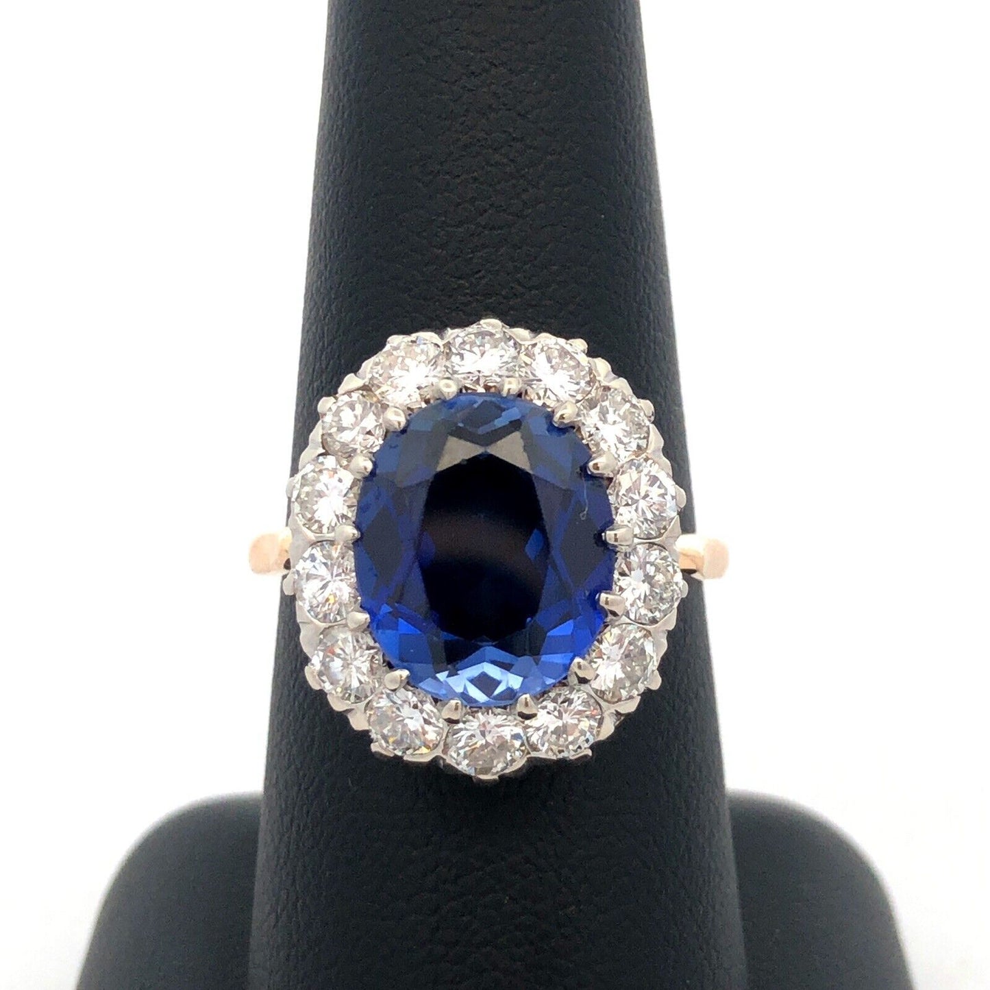 Estate 14K Yellow Gold Lab Created Blue Sapphire Diamond Halo Statement Ring