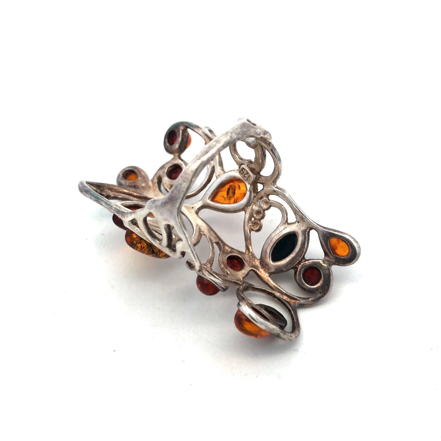 S6205Retro 925 Sterling Silver Mixed Amber Open Work Scroll Statement Finger Rin
