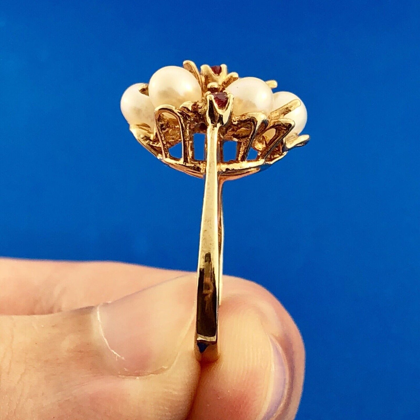 Vintage 14k Yellow Gold Ruby Pearl Cluster Modernist Free Form Cocktail Ring