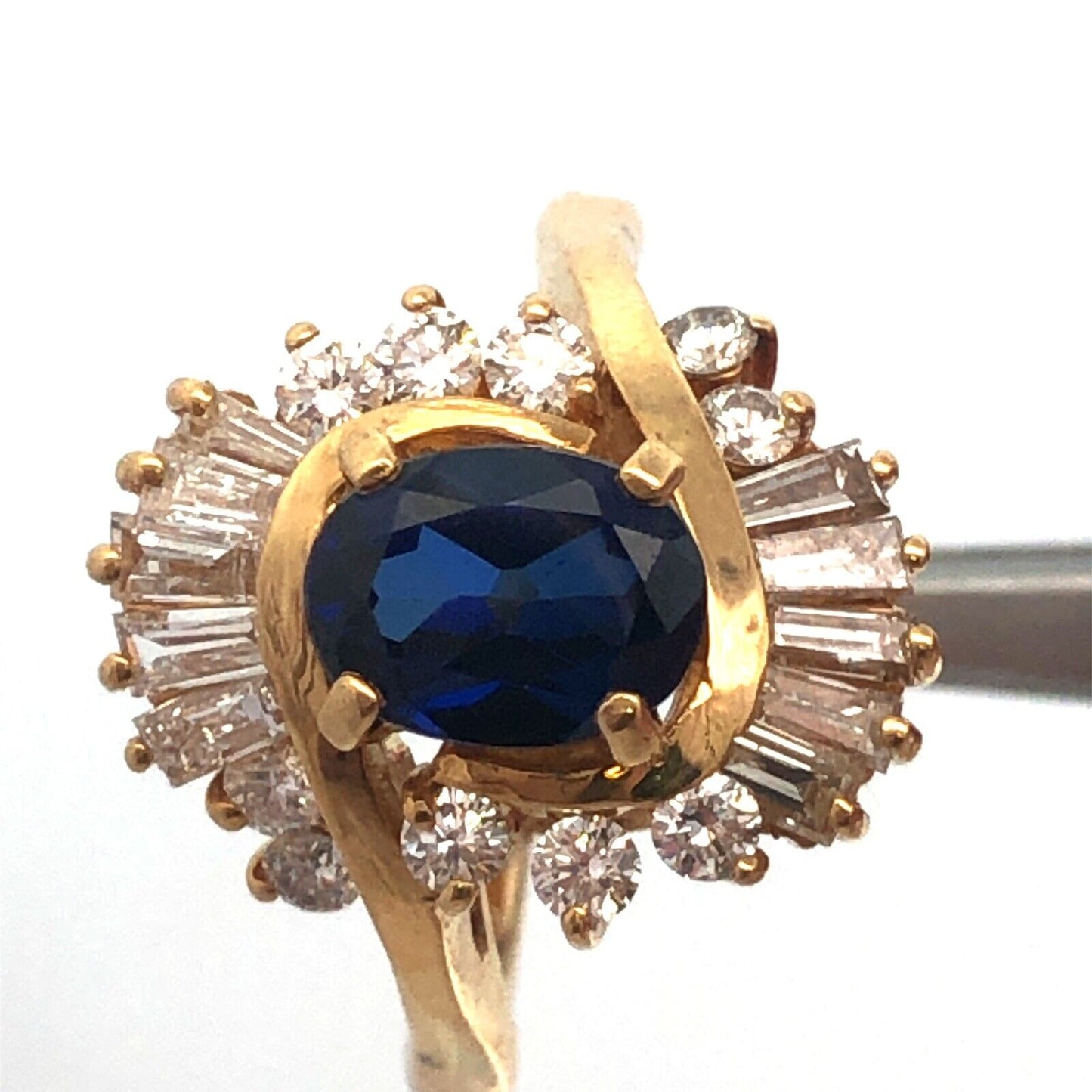 Designer 14K Yellow Gold Oval Sapphire Diamond Wave Halo Bypass Cocktail Ring