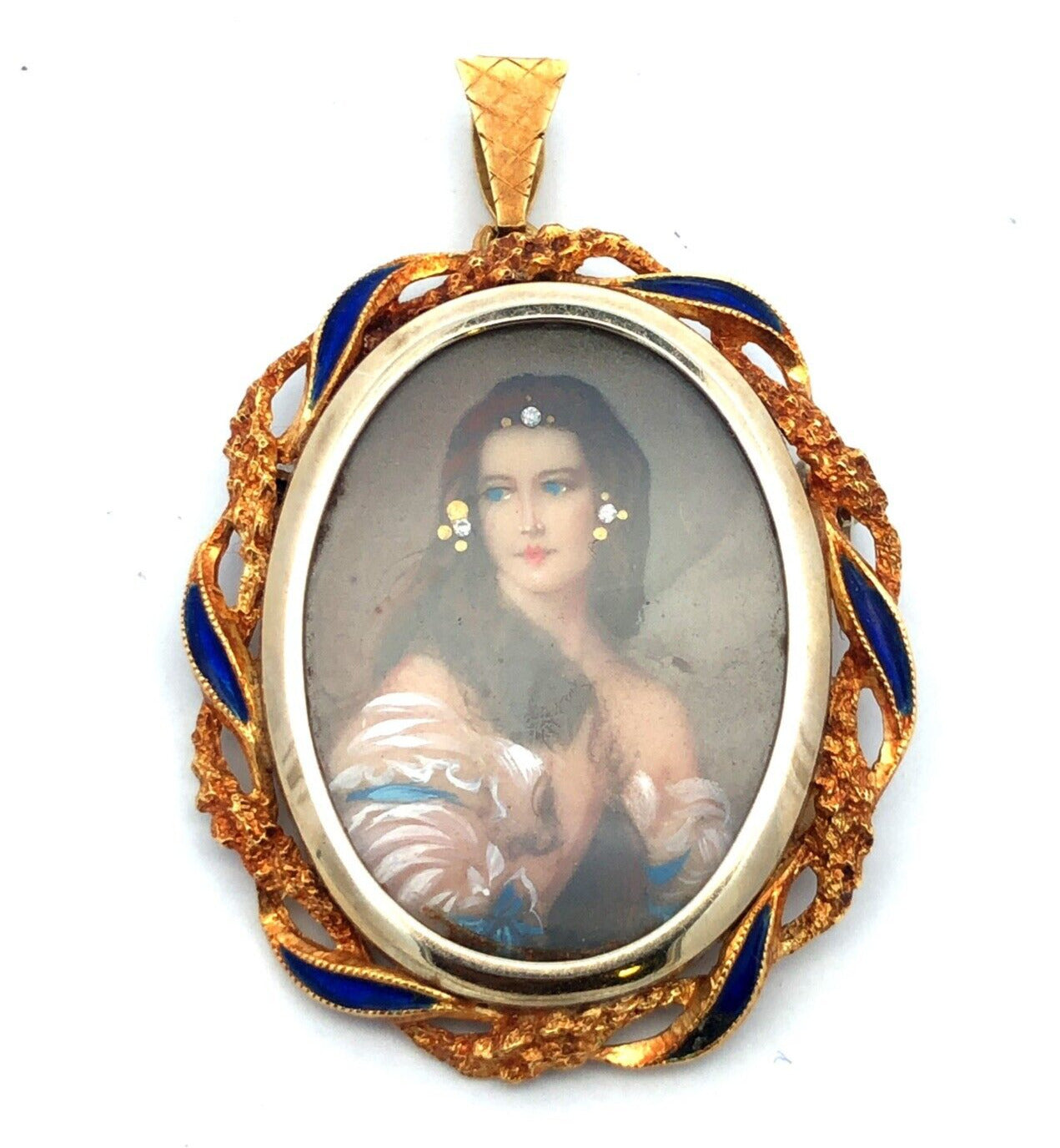 Victorian VIC 18K Yellow Gold Diamond Enamel Painted Portrait Pendant Brooch