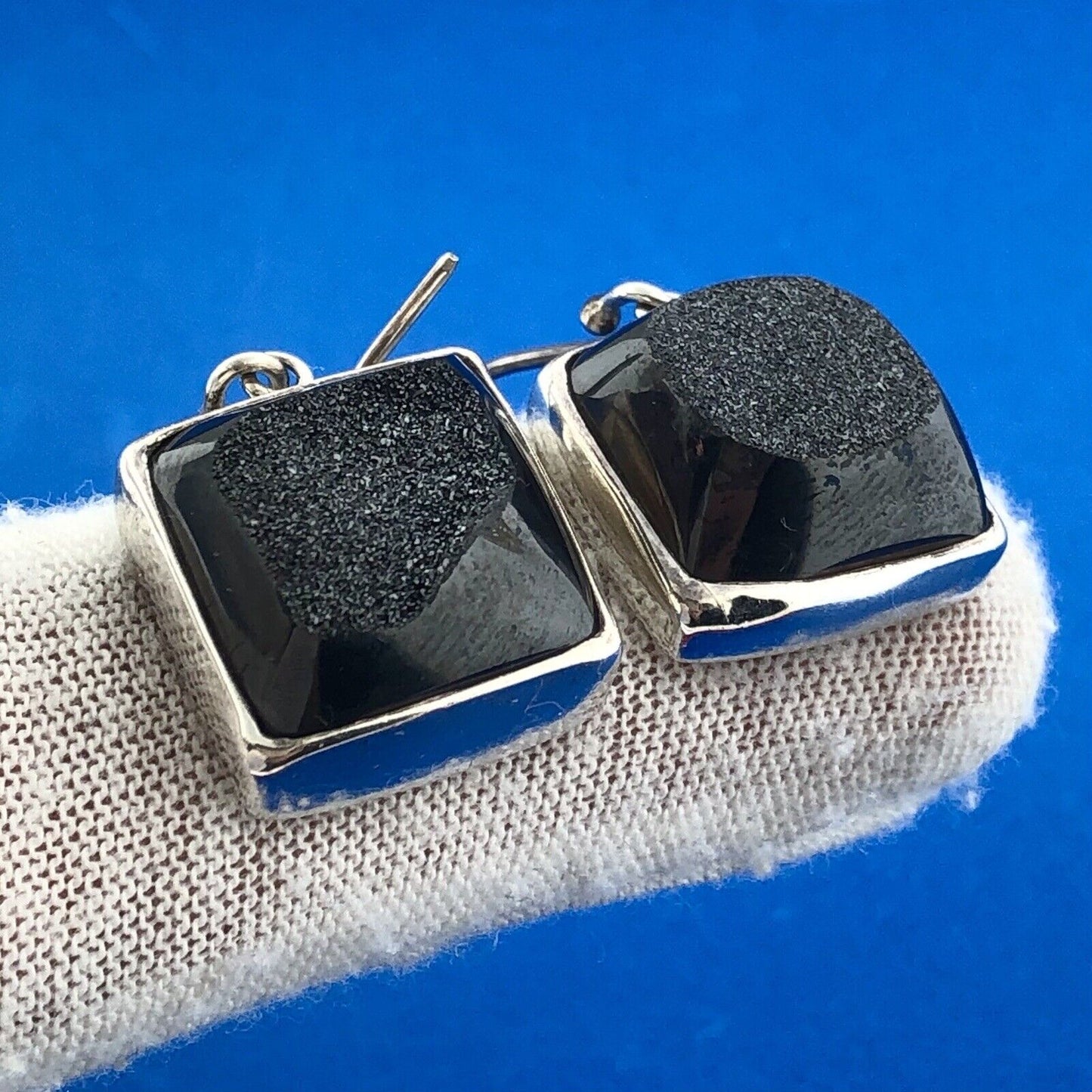 Fifi Rose 925 Sterling Silver Hematite Druzy Statement Square Dangle Earrings