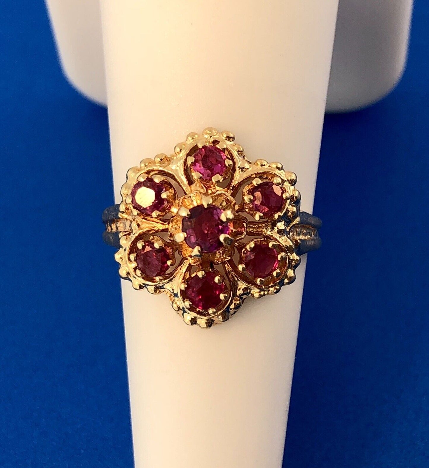 Perfect 14K Yellow Gold Ruby Flower Cluster July Anniversary Sweetheart Ring