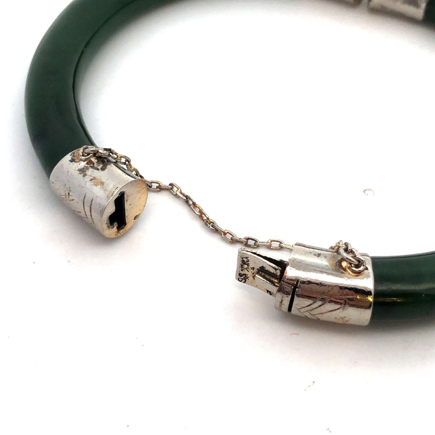 Vintage Designer CTY 925 Sterling Silver Jade Hinged Cuff Statement Bracelet
