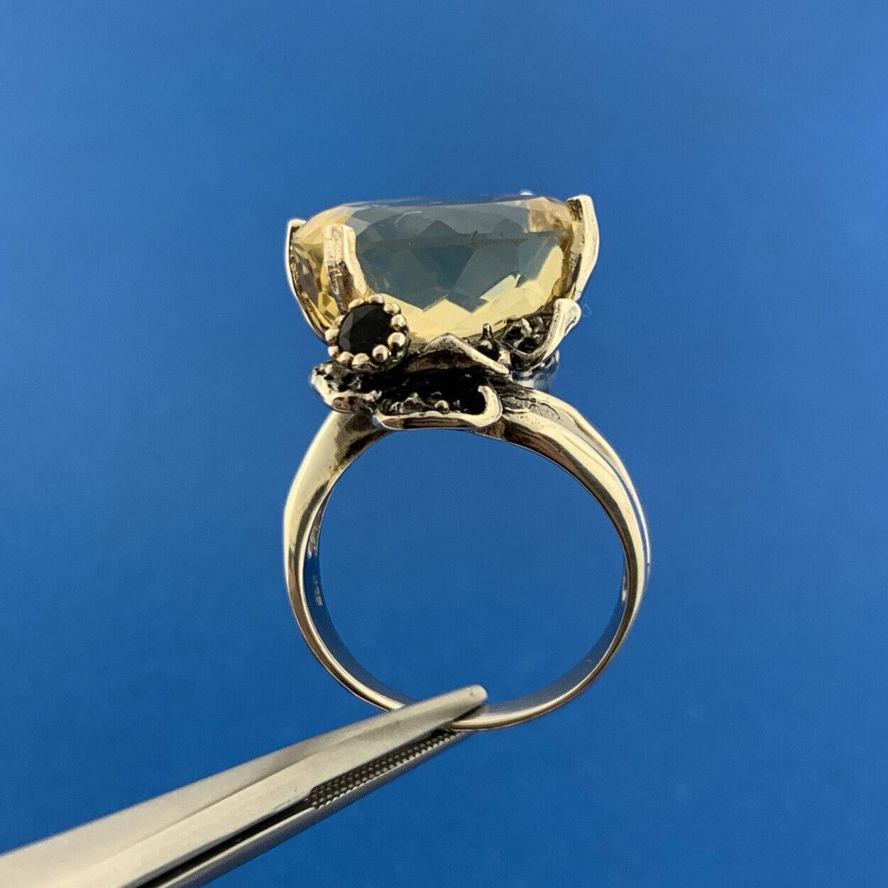 Artisan 925 Sterling Silver Oval Citrine Blue Sapphire 2 Tone Statement Bypass R