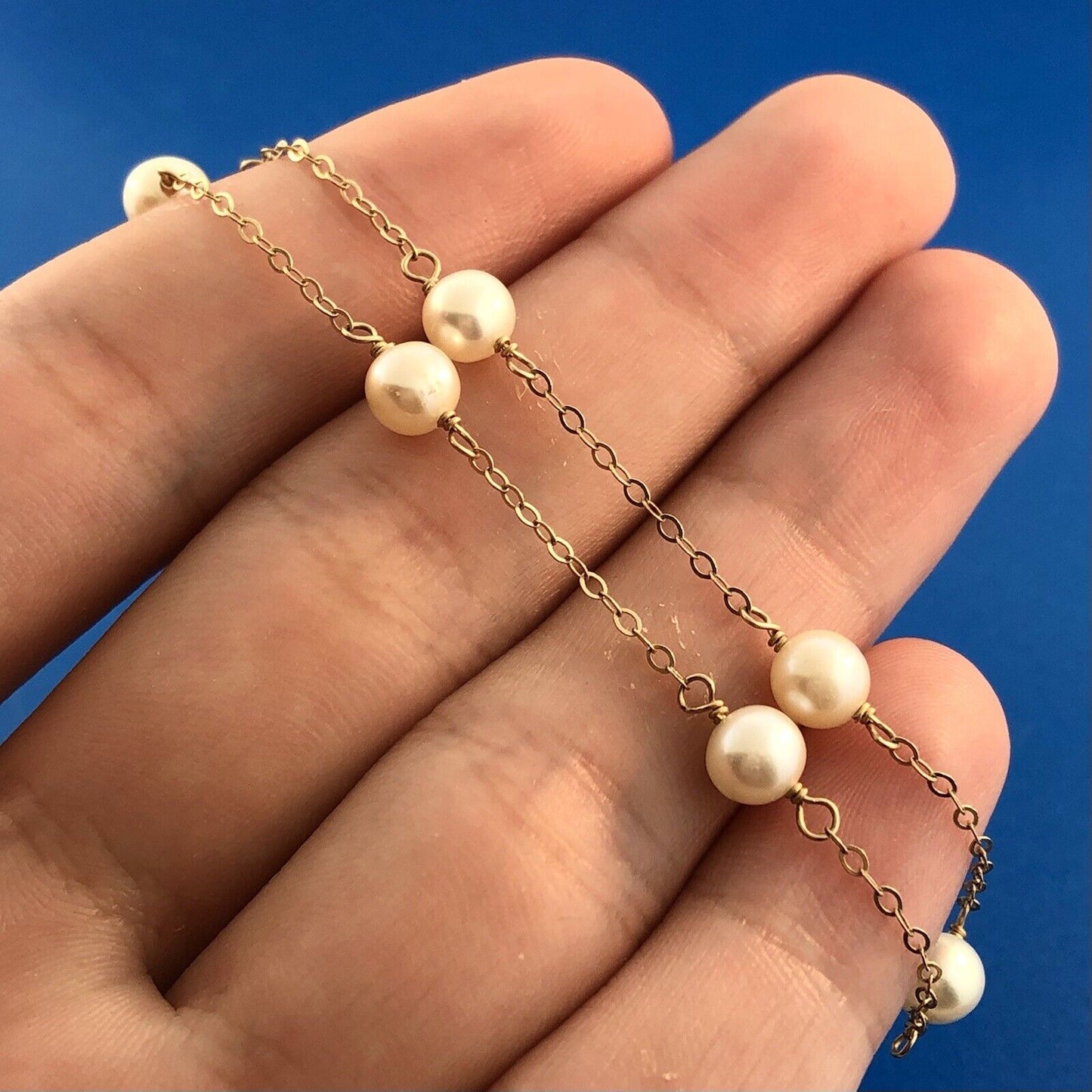Gorgeous 14k Yellow Gold 6 mm White Pearl Thin Oval Link 16" Chain Necklace