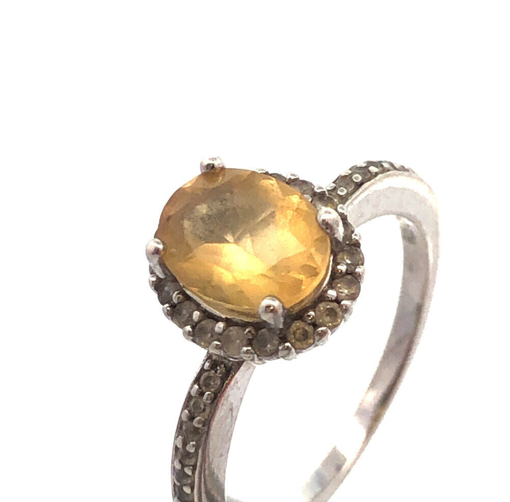 Designer DK 925 Sterling Silver Oval Citrine Diamond Accented Cocktail Ring