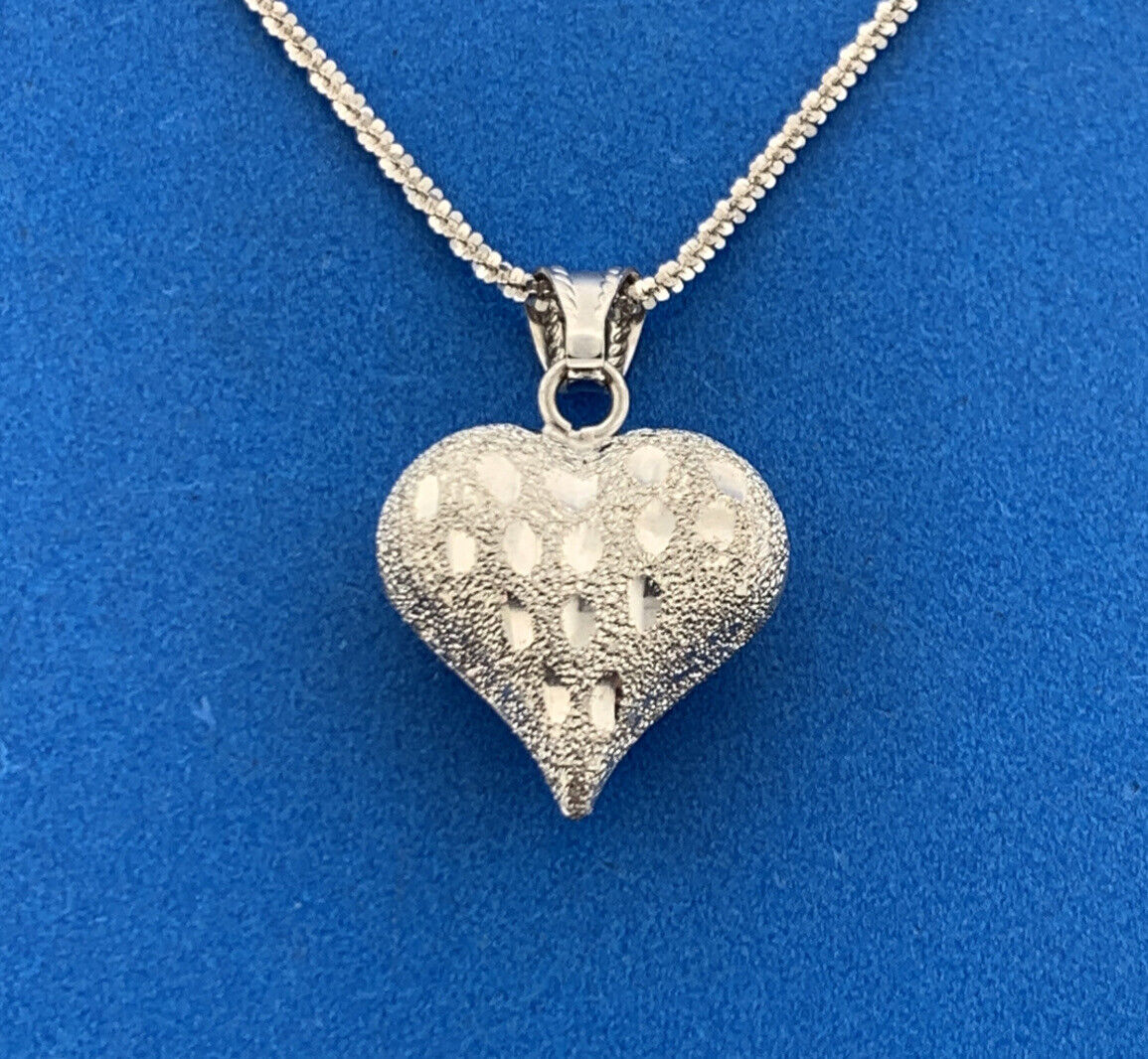 Designer Italy 10K White Gold Polished Diamond Cut Puffy Heart Pendant Necklace
