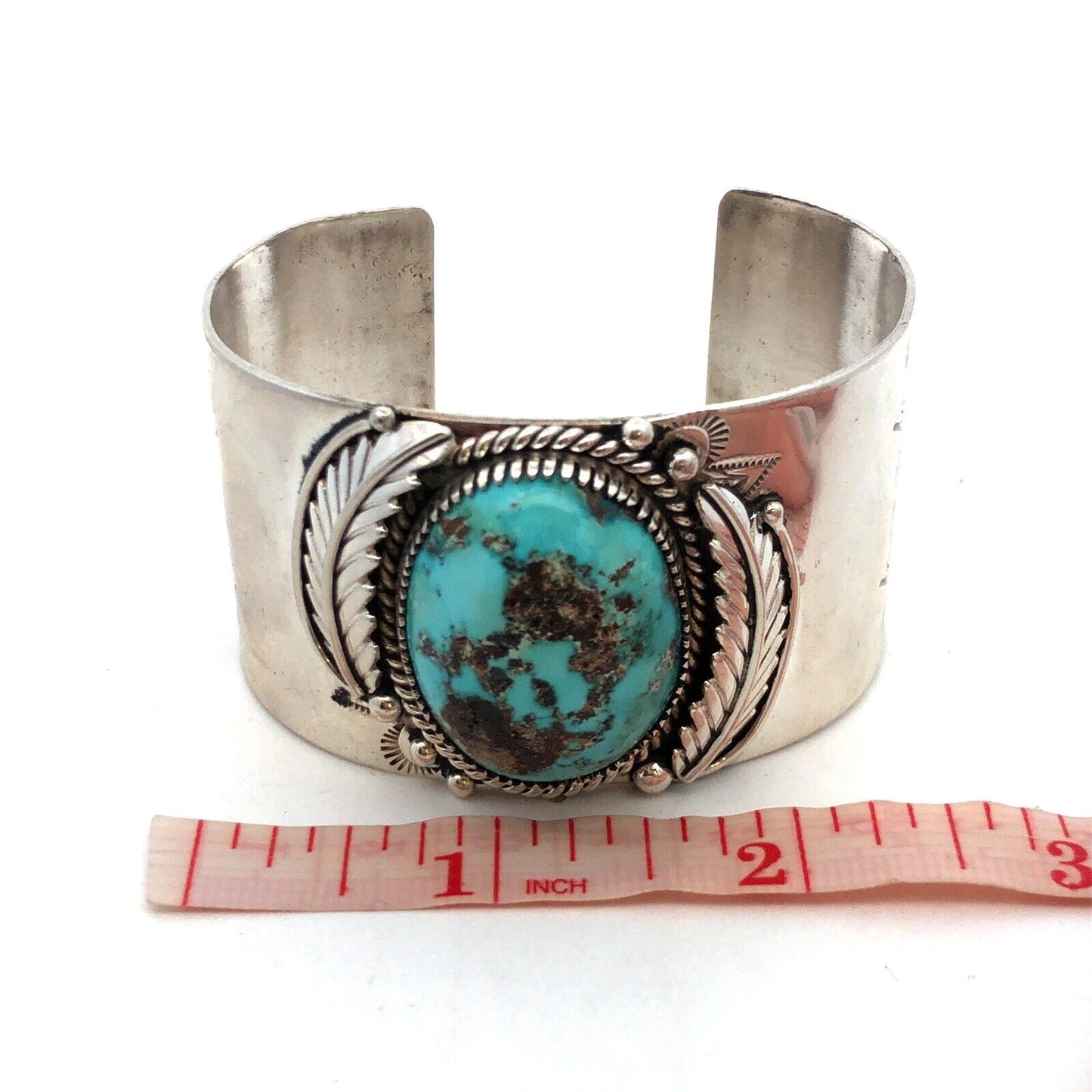 Native American Marian Nez 925 Sterling Silver Oval Turquoise Wide Cuff Bracelet