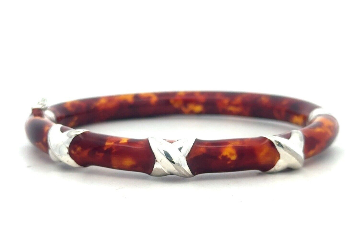 Milor Italy Sterling Silver Tortoise Shell Enamel Oval Hinged Bangle Bracelet