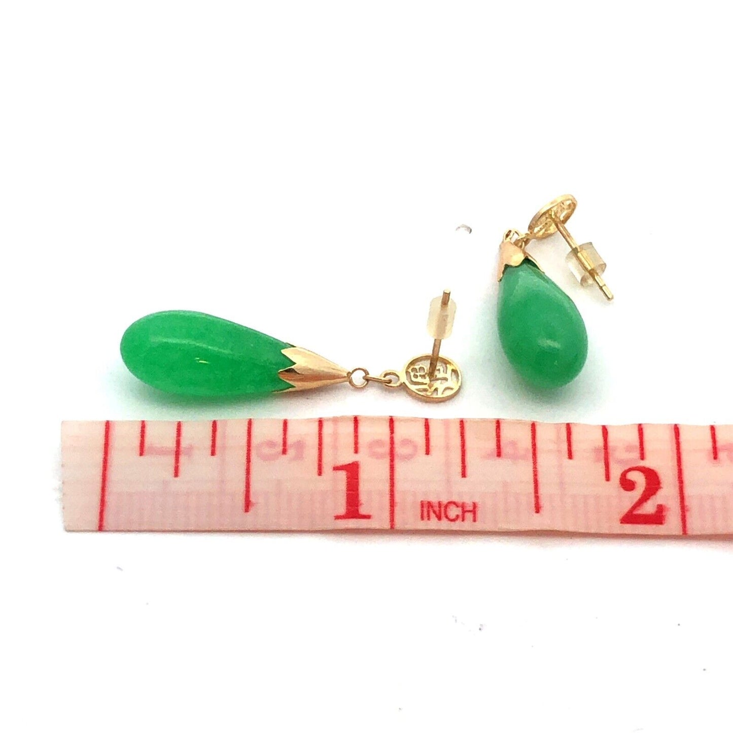 Vintage 14K Yellow Gold Teardrop Bright Green Jade Chinese Luck Dangle Earrings