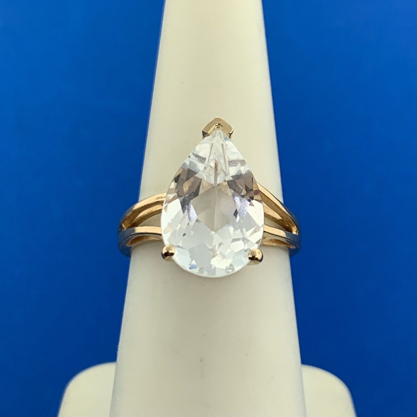 14K Yellow Gold Faceted Pear White Sapphire Solitaire Statement Engagement Ring