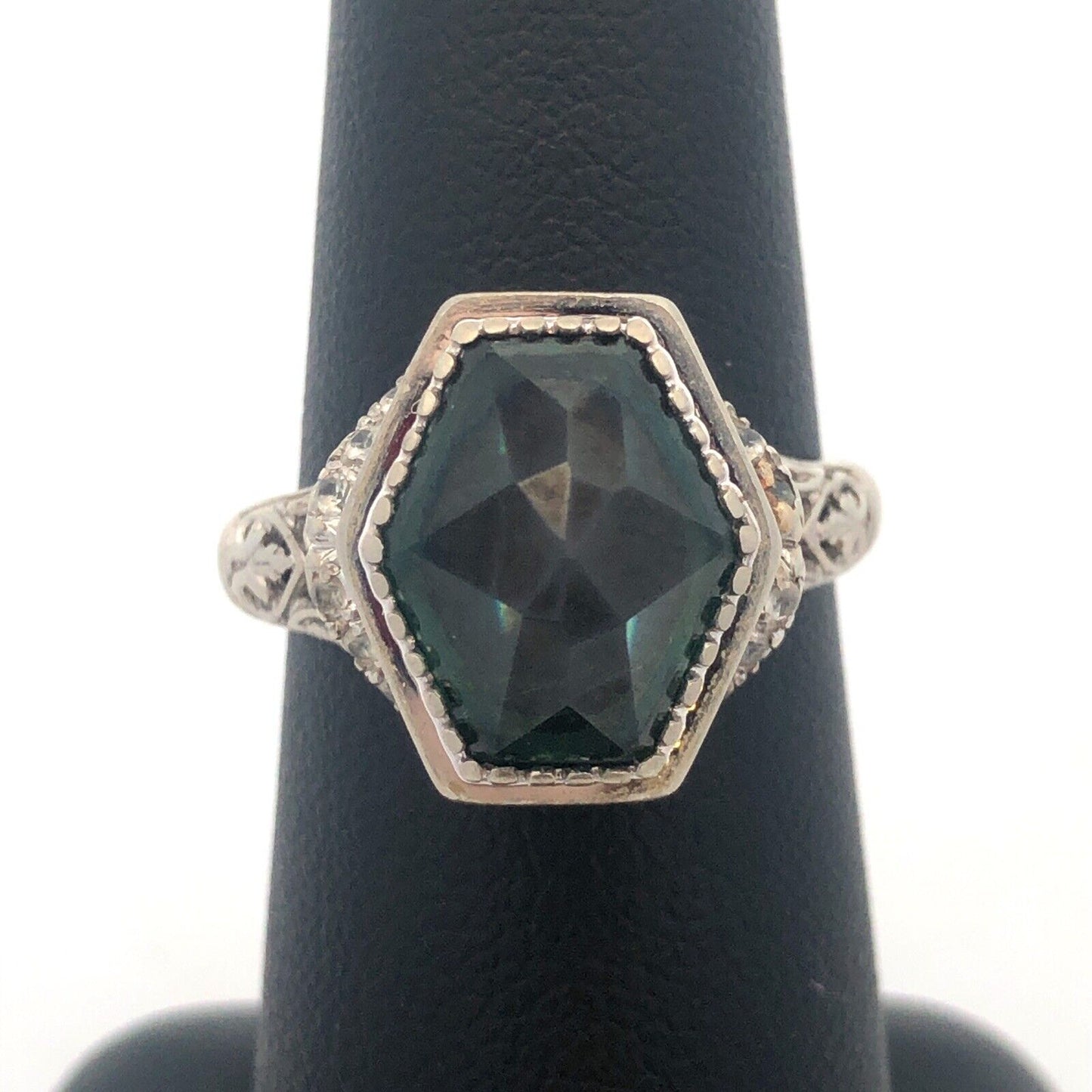 Stunning Art Deco 18K White Gold Hexagon Green Sapphire Statement Cocktail Ring