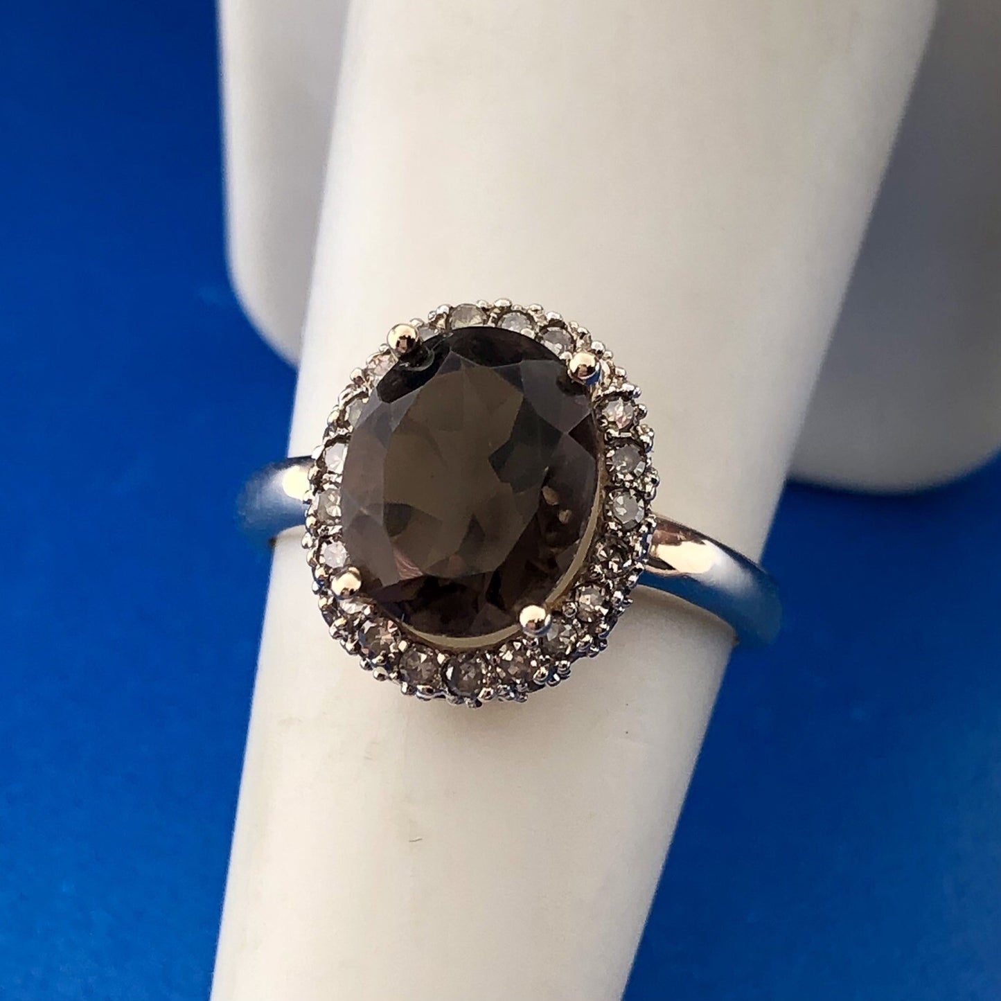 Retro Designer 14K Yellow Gold Oval Smoky Quartz Diamond Halo Cocktail Ring