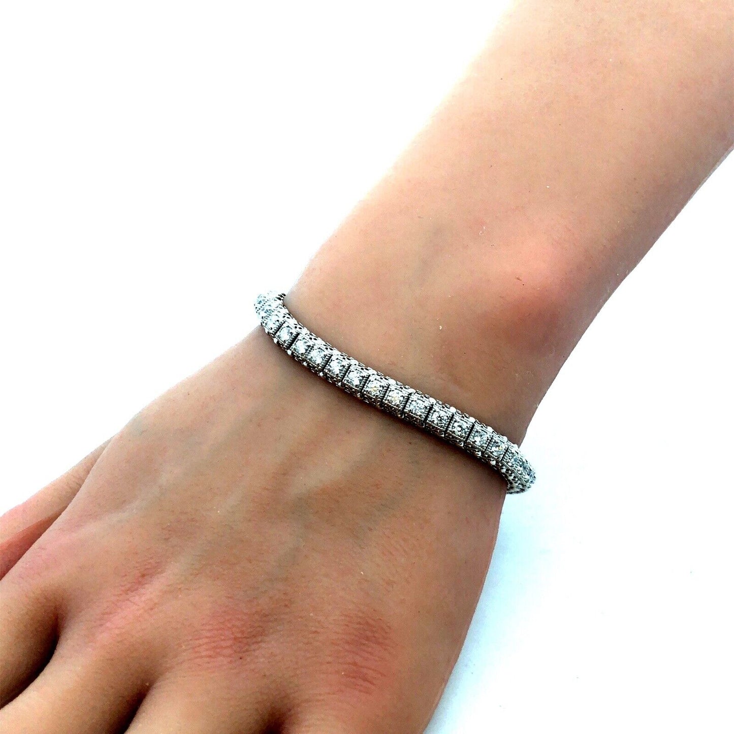 Designer 14K White Gold Round Diamond Open Work Statement Tennis Bracelet