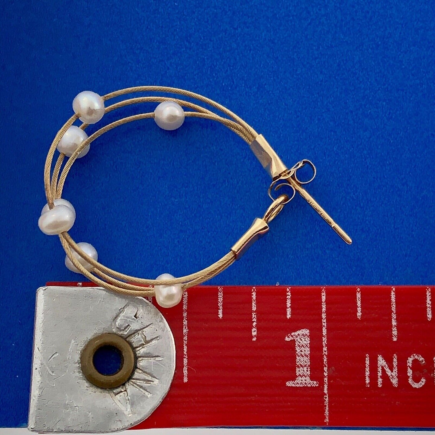 Estate JCM 14K Yellow Gold Pearl Station Three Wire Bridal Wedding Hoop Earrings