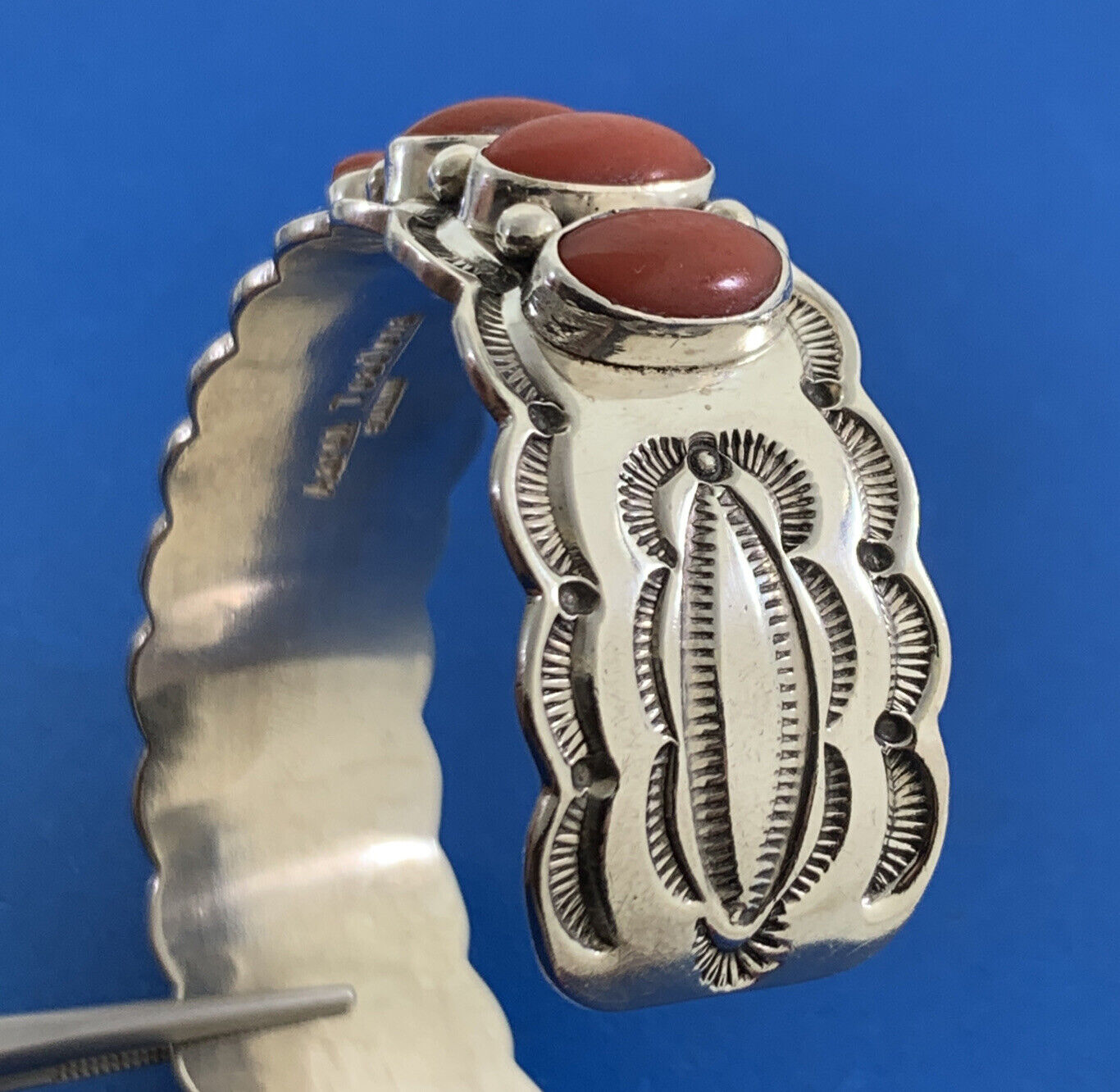 Aaron Toadlena Native American 925 Sterling Silver Coral Statement Cuff Bracelet
