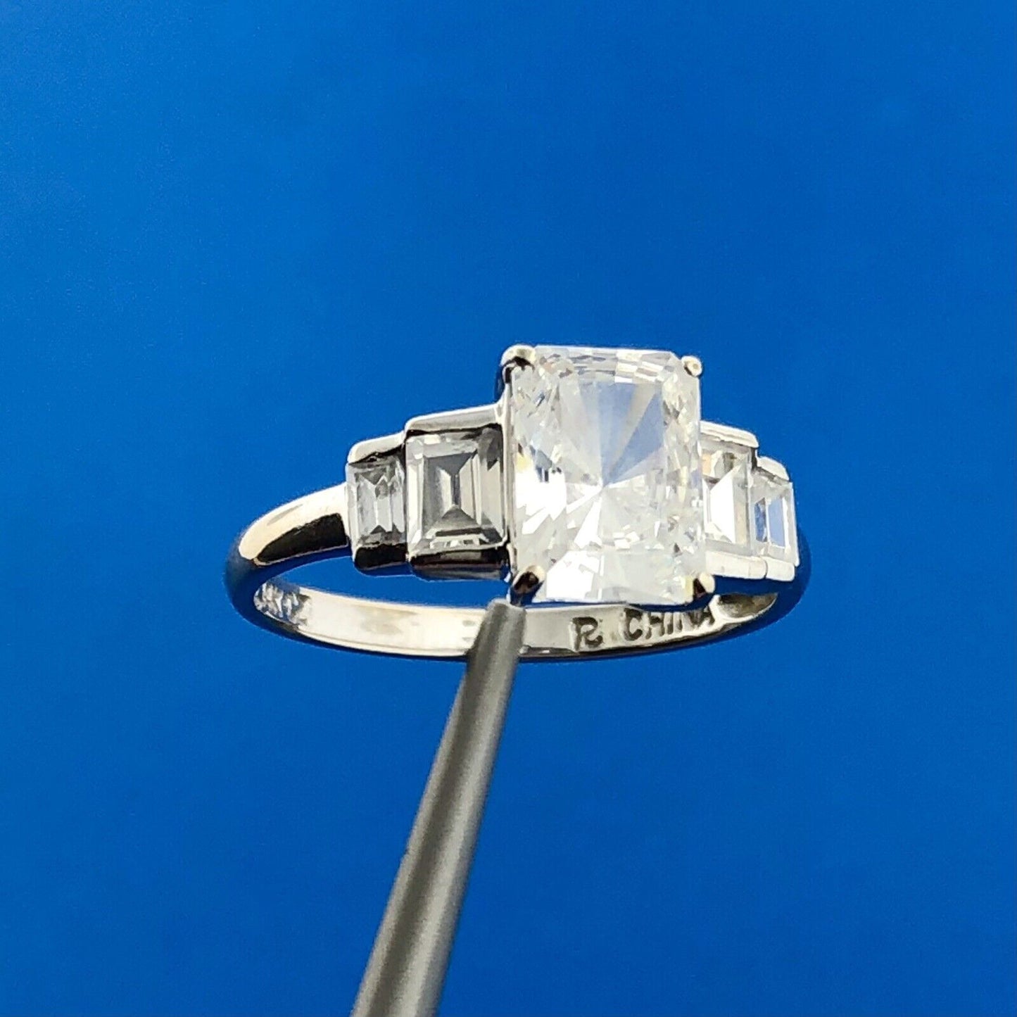 Designer 14K White Gold Rectangle Cubic Zirconia CZ Engagement Promise Ring